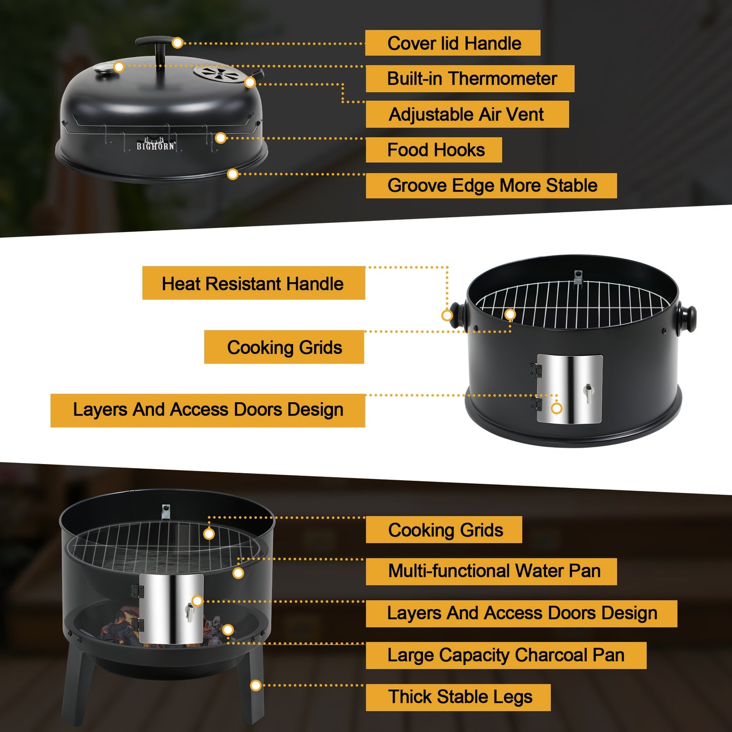 Portable Vertical Charcoal Smoker Grill With Thermometer