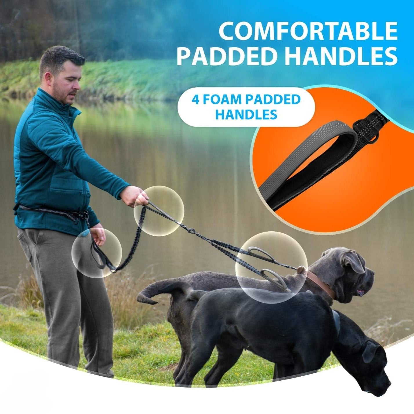 Hands Free Double Dog Leash with Padded Handles and Reflective Stitches