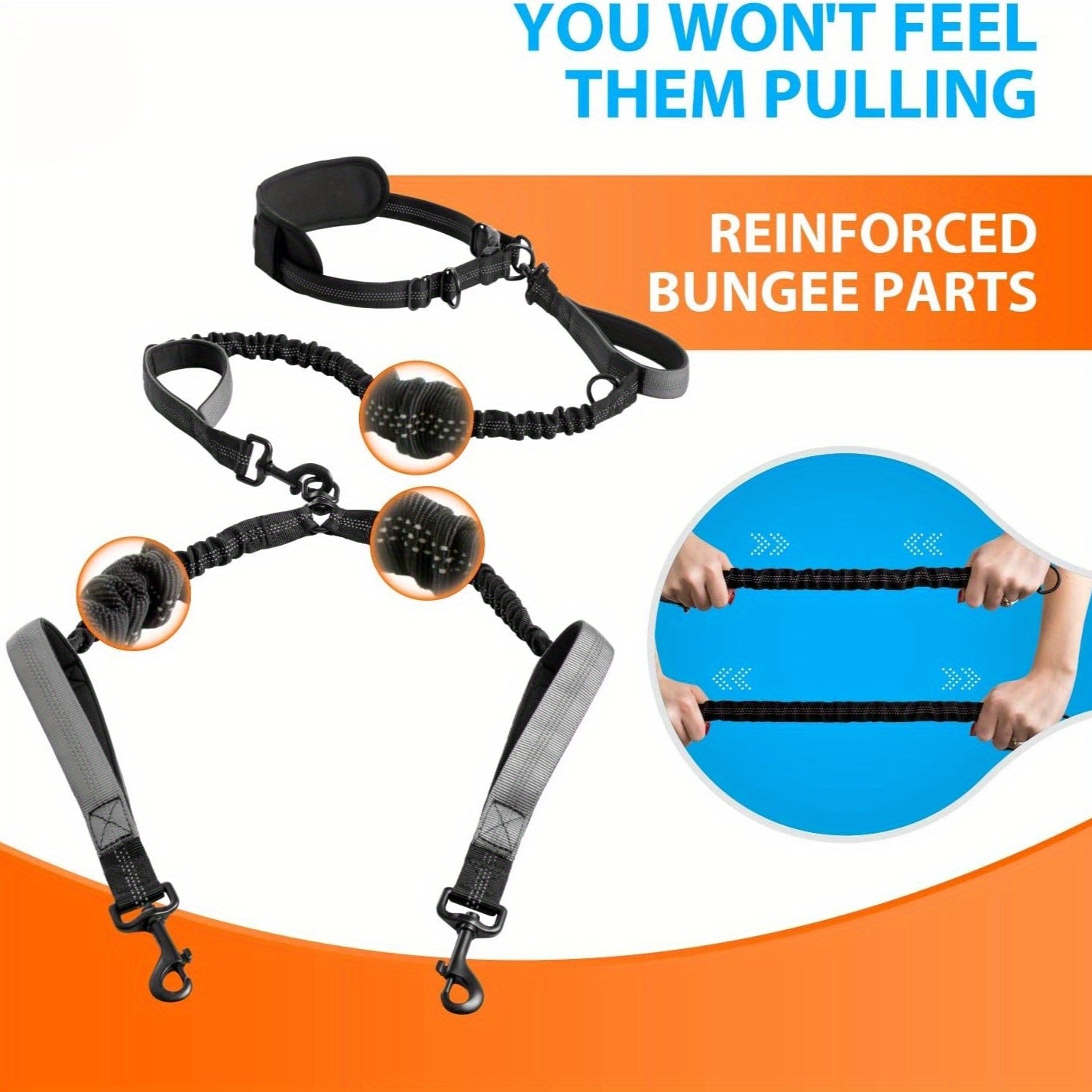 Hands Free Double Dog Leash with Padded Handles and Reflective Stitches