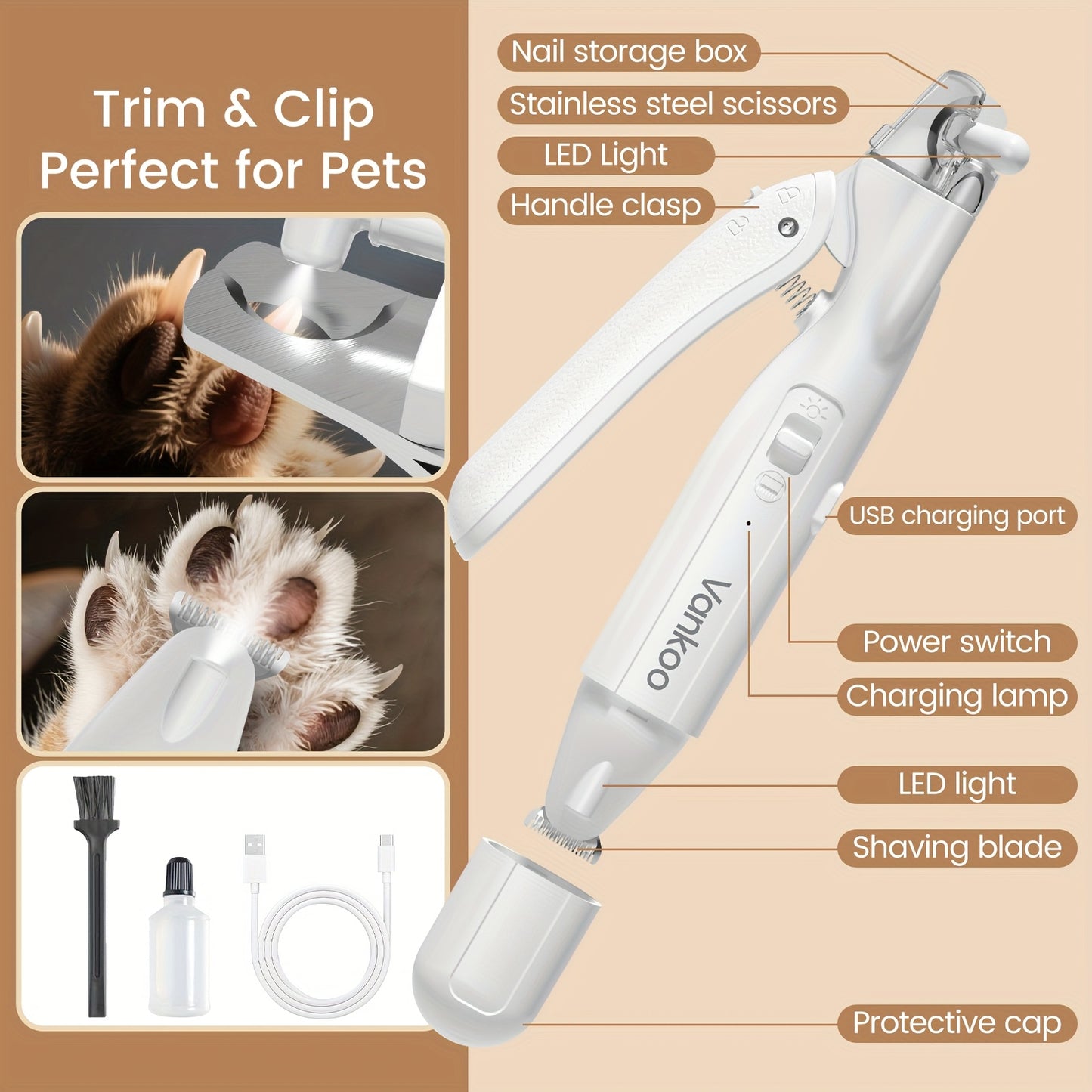 2 In 1 Dog And Cat Paw Nail Trimmer Portable With LED Light