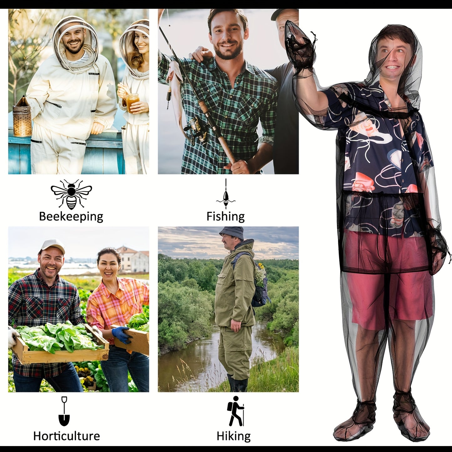 Men Mosquito Net Suit Set Jacket Pants Mittens Socks Floral Bird Design Outdoor