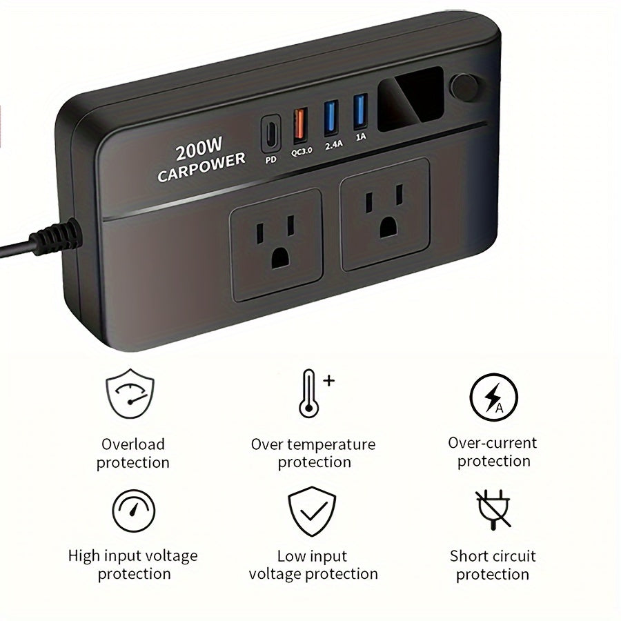 200W Car Inverter DC 12V to 110V USB 3 Ports Type C