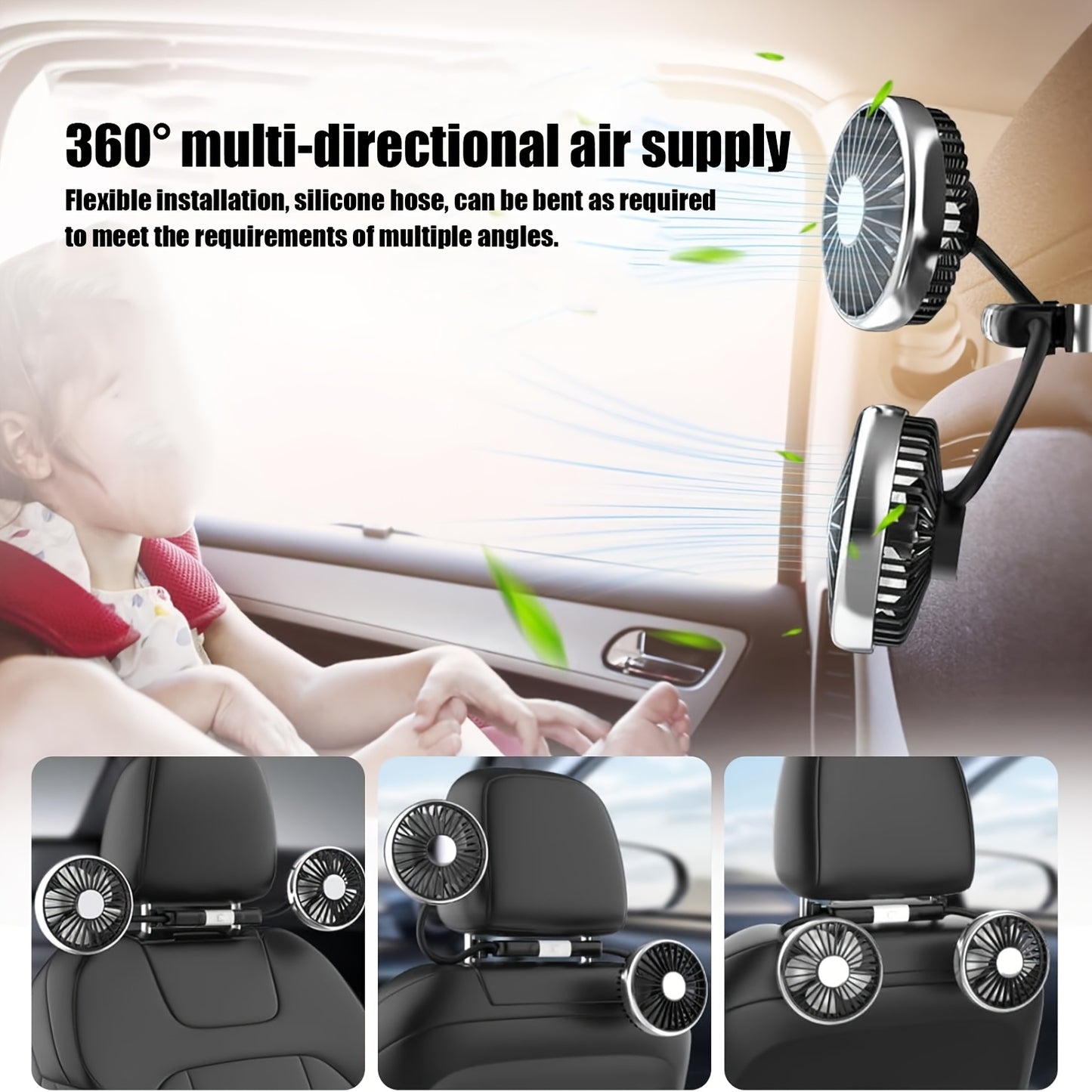 Dual Head Car USB Fan 3 Speed Rotatable Flexible Gooseneck