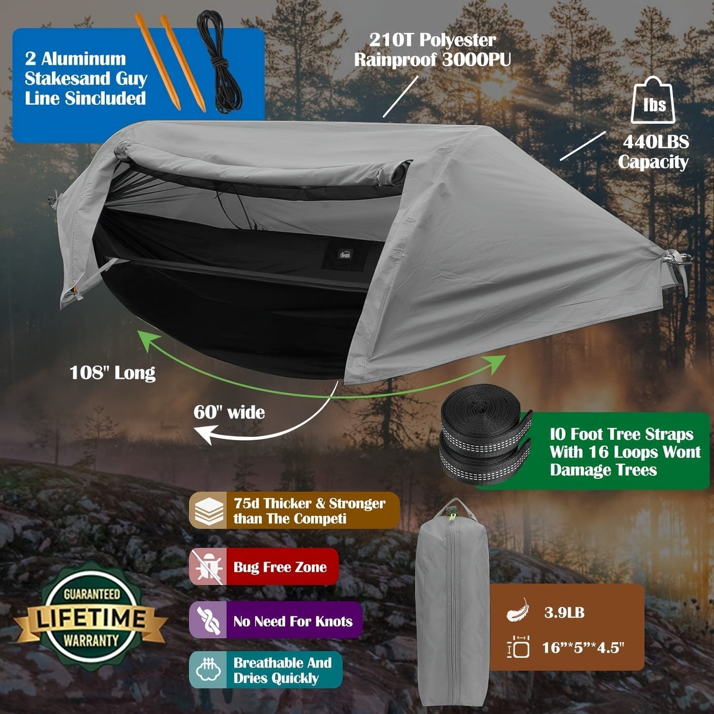 3 in 1 Camping Hammock with Mosquito Net and Rain Cover