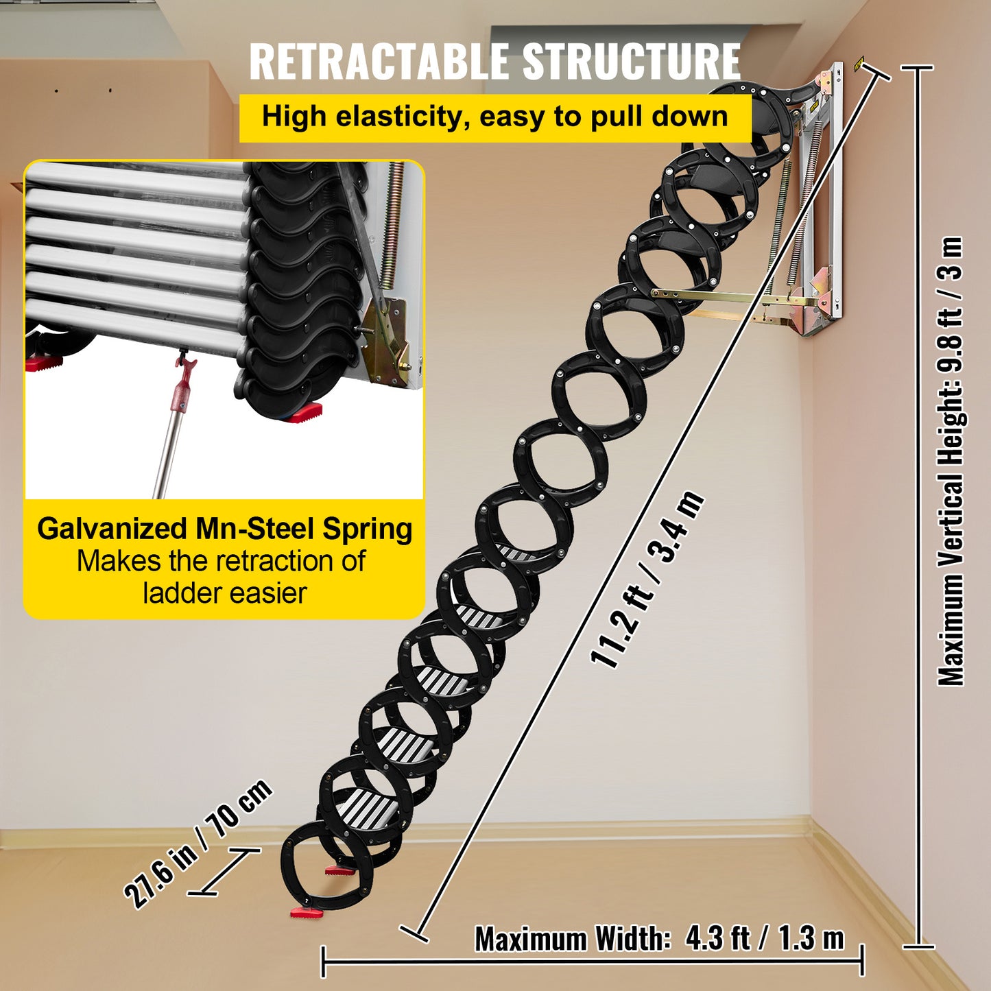 VEVOR Retractable Attic Ladder with Armrests for Easy Access