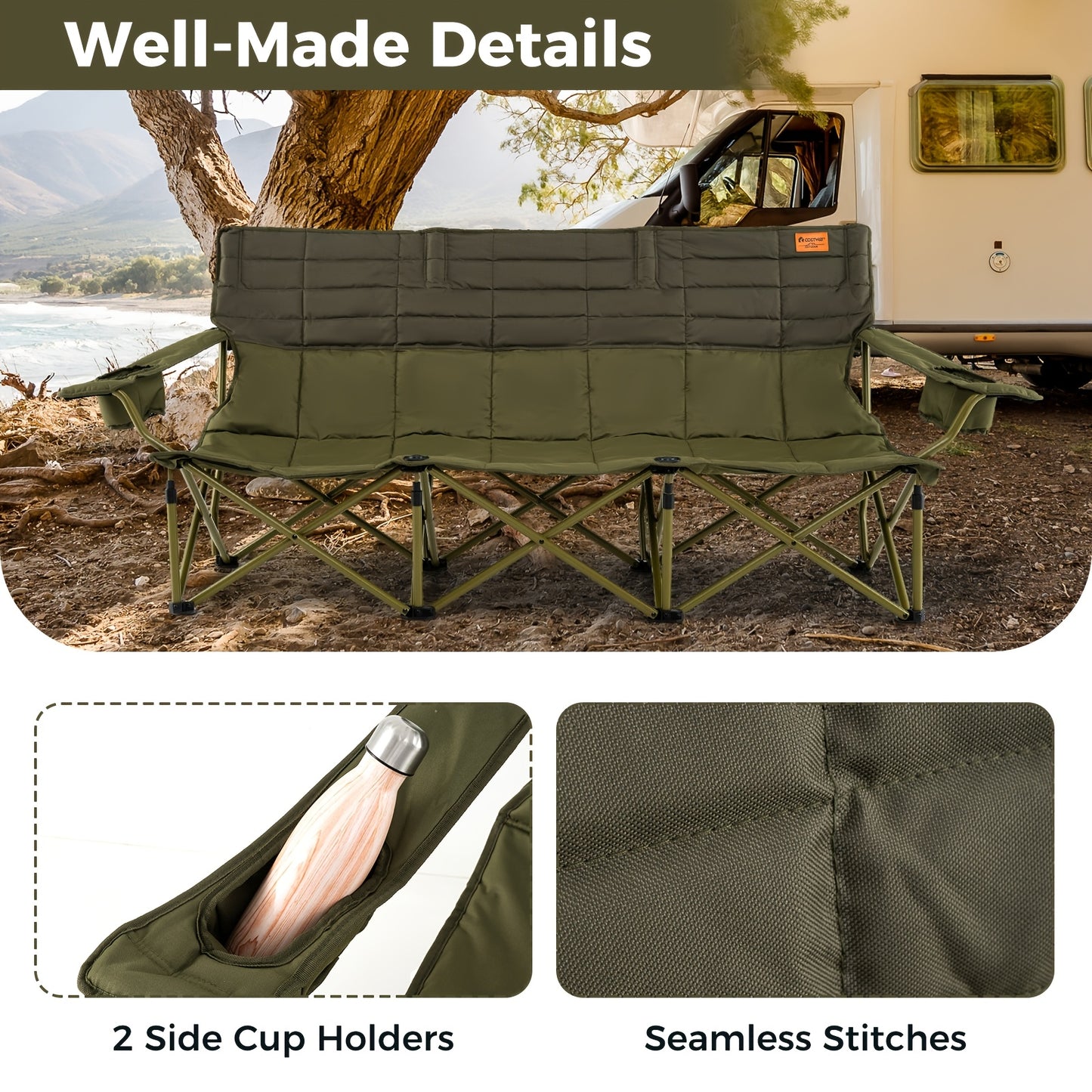 Heavy-Duty Folding Camping Chair for Three with Cup Holders