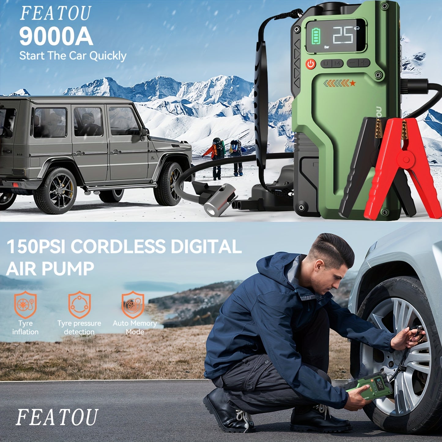 9000A Jump Starter With Air Compressor Car Battery Charger