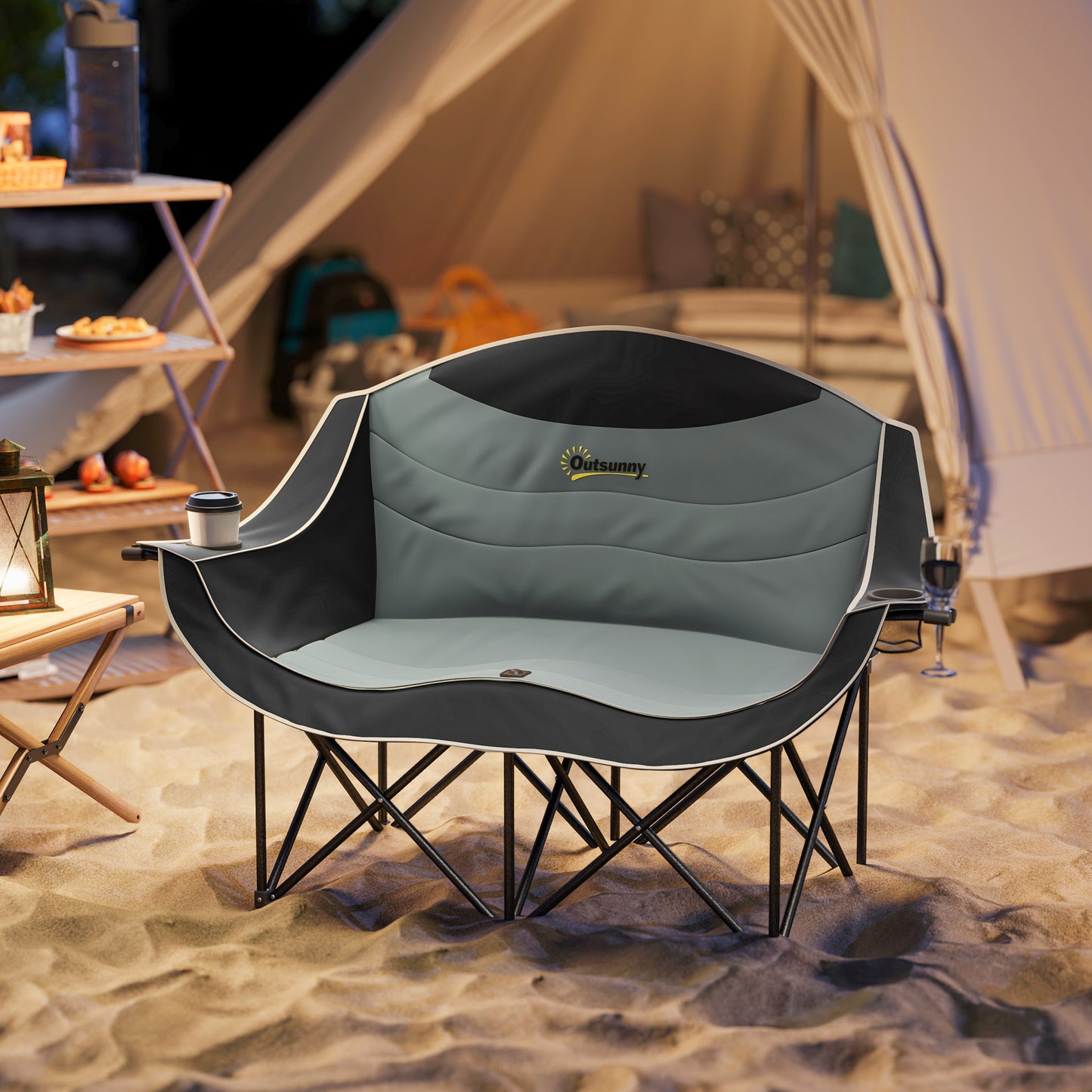 Double Padded Camping Chair for Two With Cup Holders