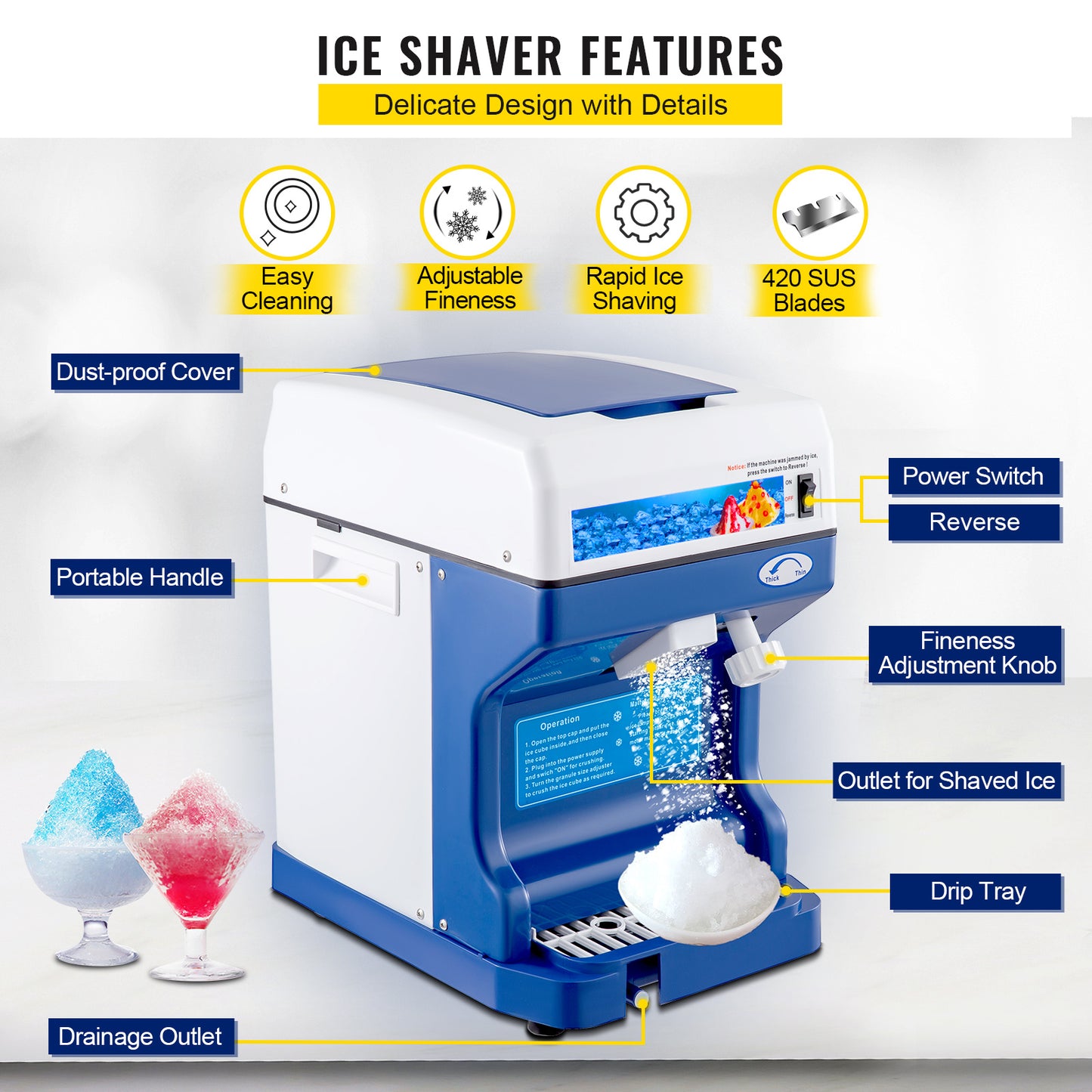 110V Electric Ice Shaver Tabletop With Adjustable Texture