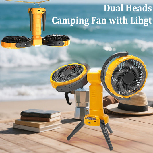 Dual-Head Rechargeable Camping Fan with LED Light and Tripod