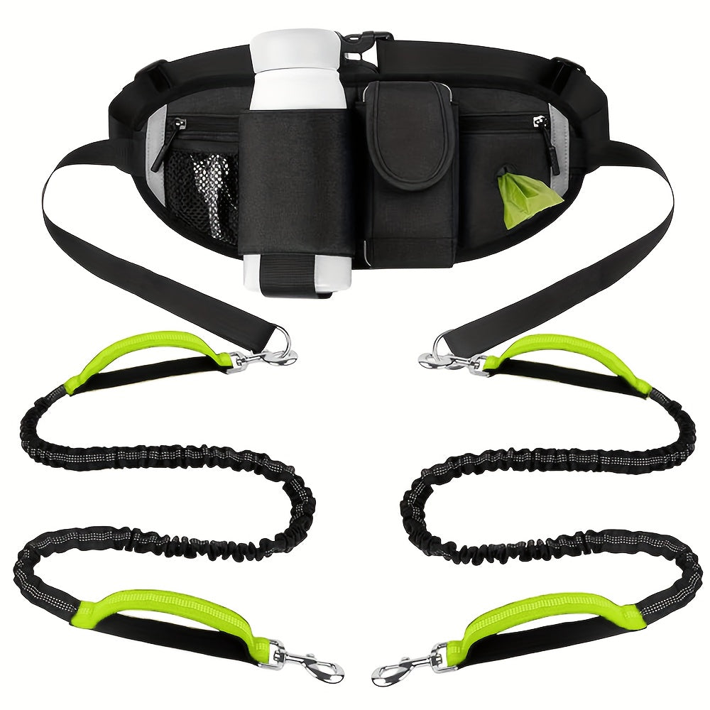 Reflective Dual Dog Leash with Retractable Waist Bag Design
