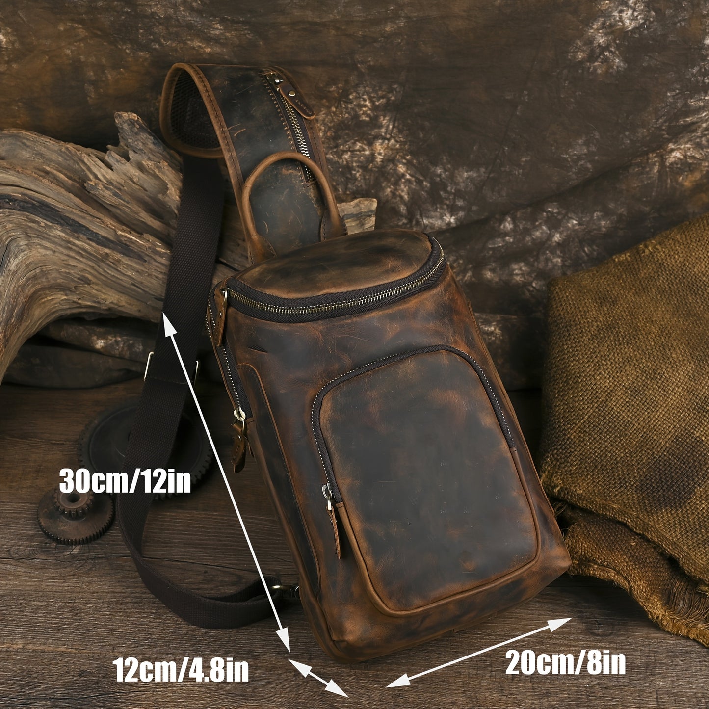 Brown Leather Chest Bag for Men with Adjustable Strap