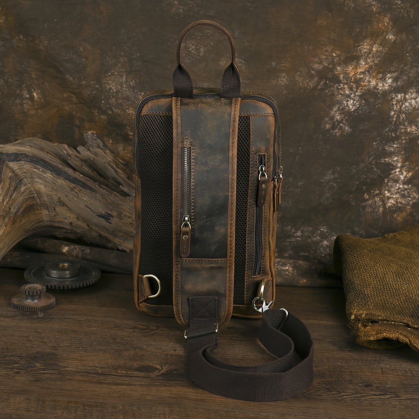 Brown Leather Chest Bag for Men with Adjustable Strap