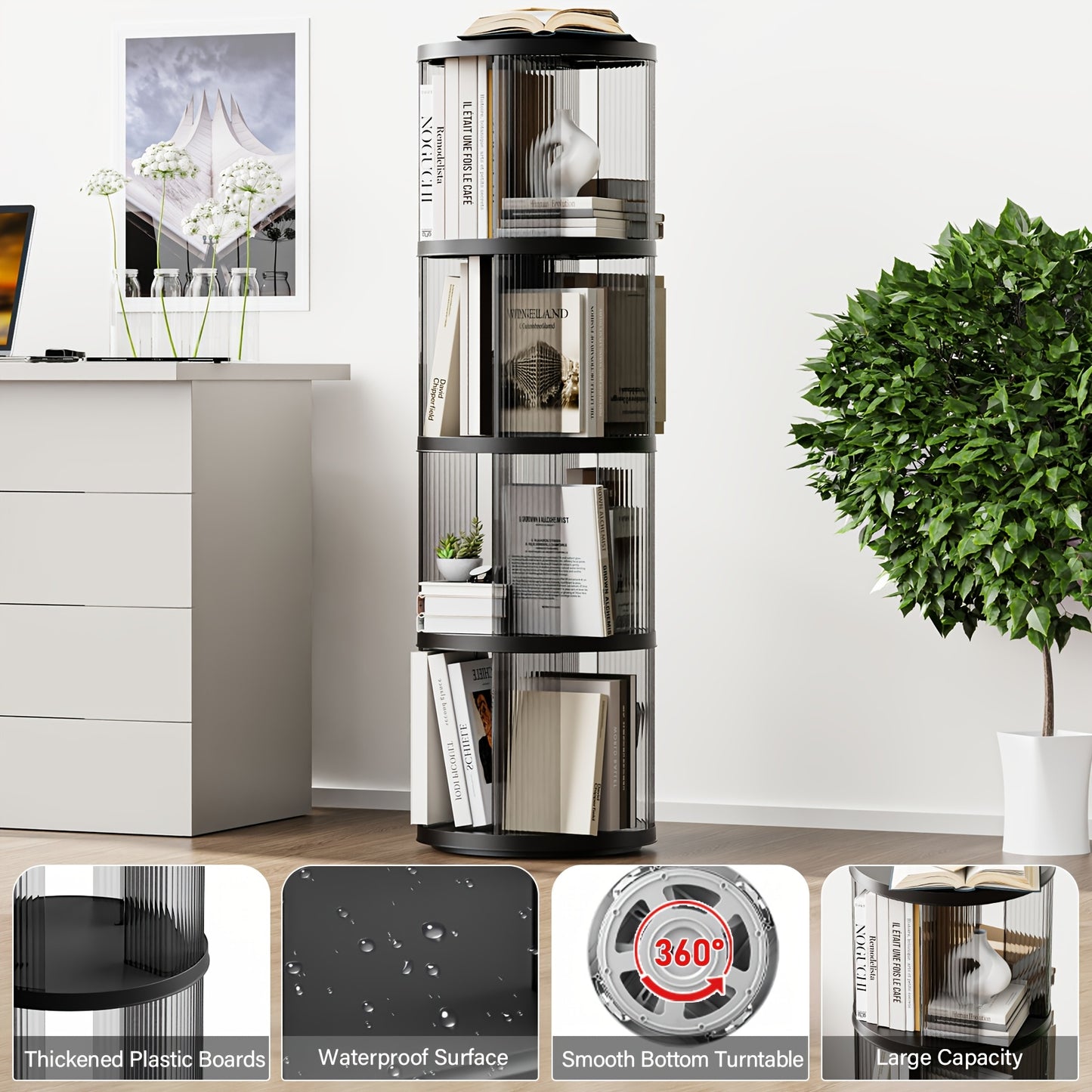 Rotating Corner Bookshelf 4 Tier Floor Standing Organizer