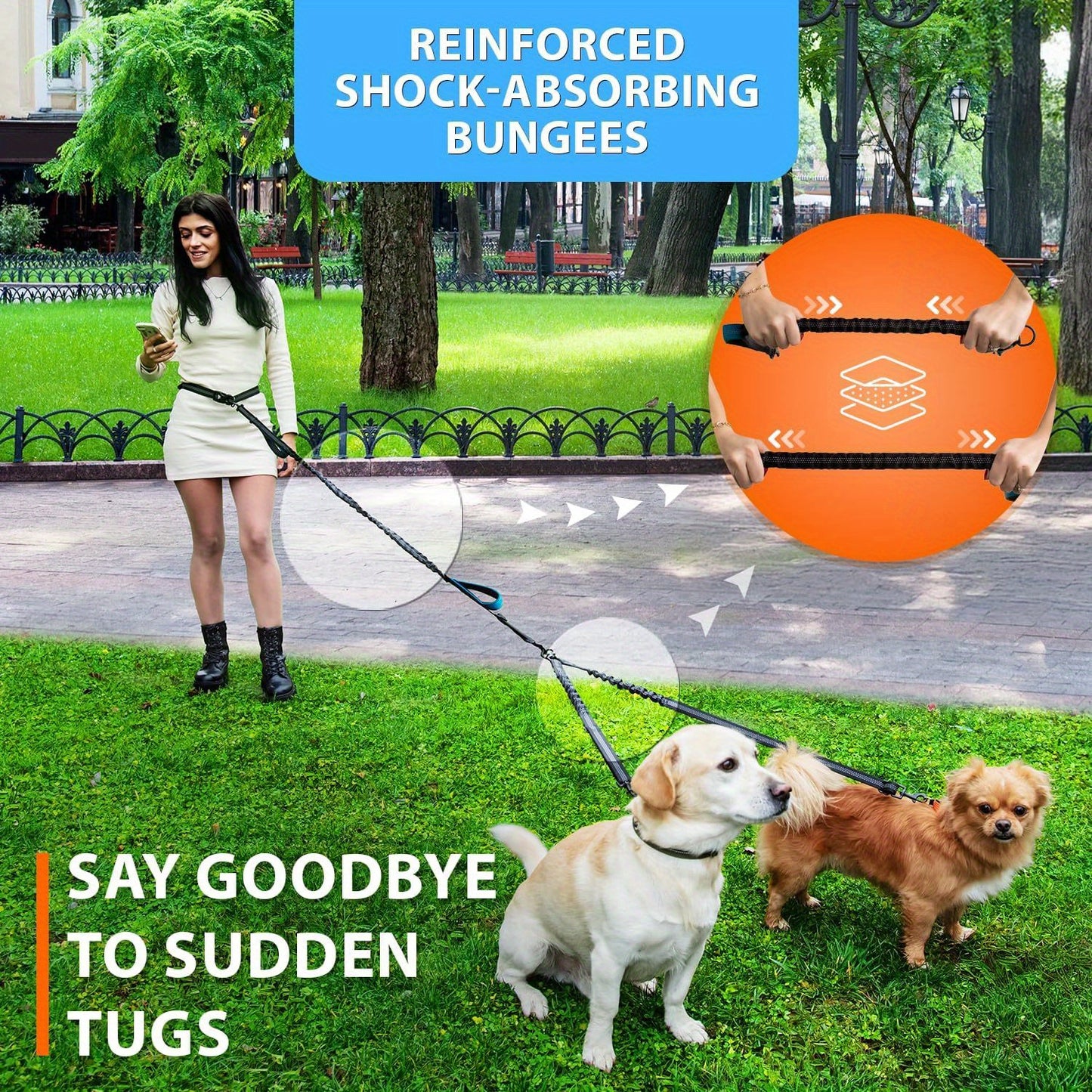 Hands Free Double Dog Leash with Padded Handles and Reflective Stitches