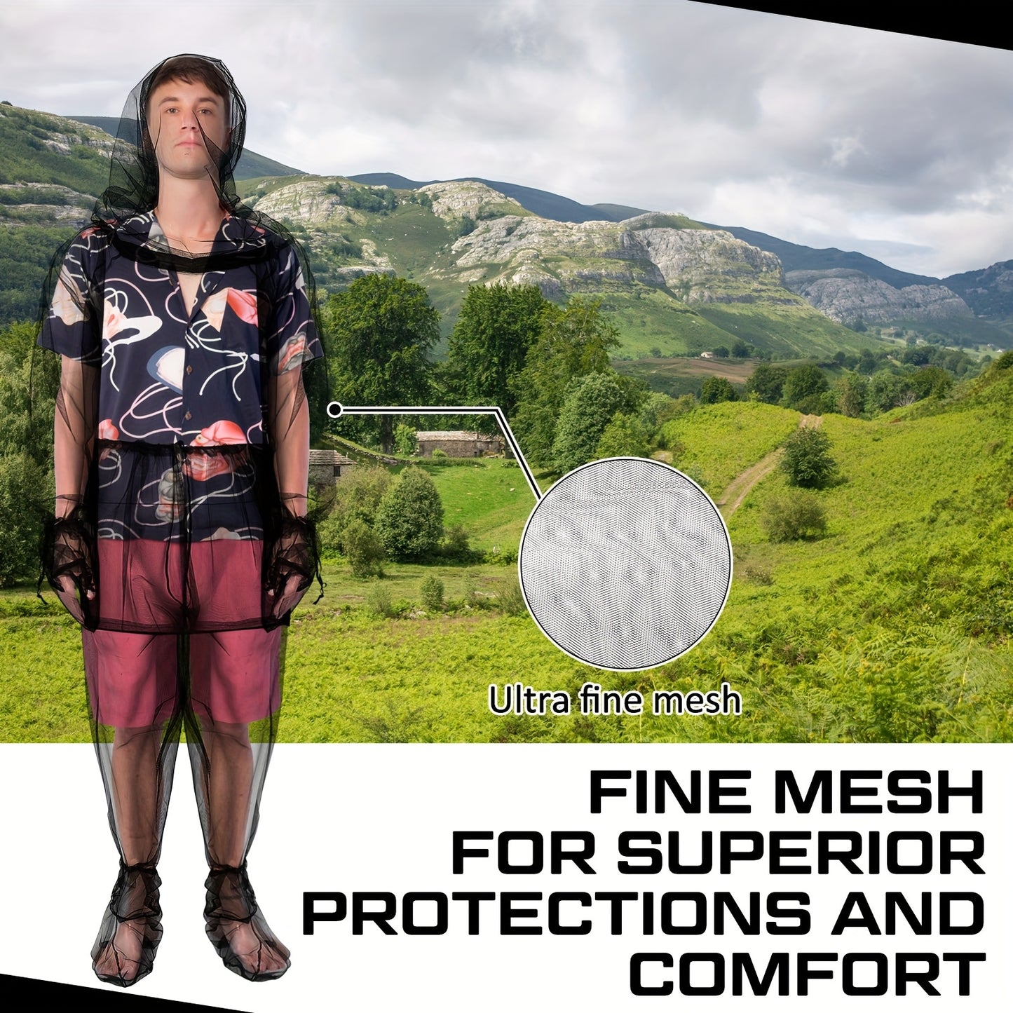 Men Mosquito Net Suit Set Jacket Pants Mittens Socks Floral Bird Design Outdoor