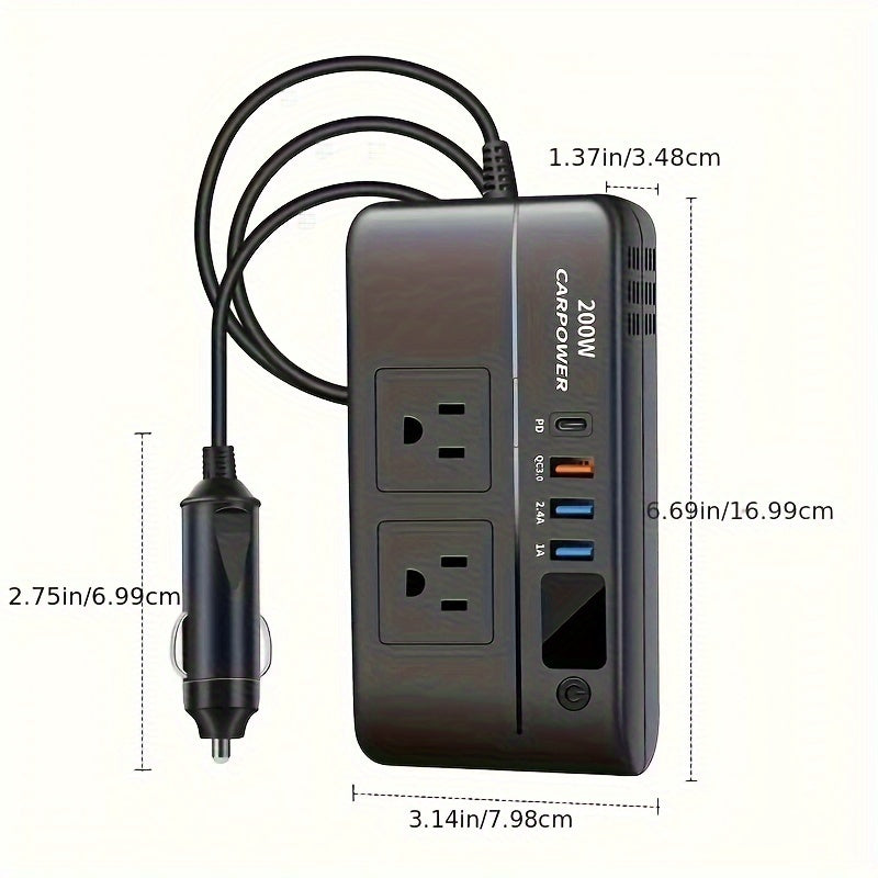 200W Car Inverter DC 12V to 110V USB 3 Ports Type C