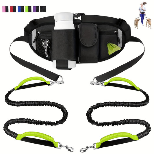 Reflective Dual Dog Leash with Retractable Waist Bag Design