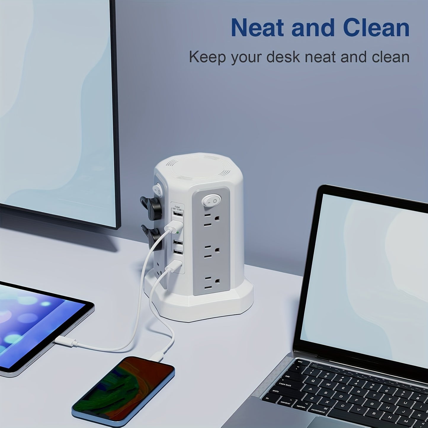 Angled 12 Outlets Power Strip Tower USB C PD Ports