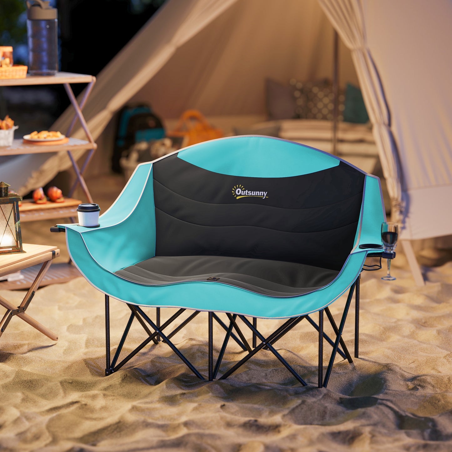 Double Padded Camping Chair for Two With Cup Holders