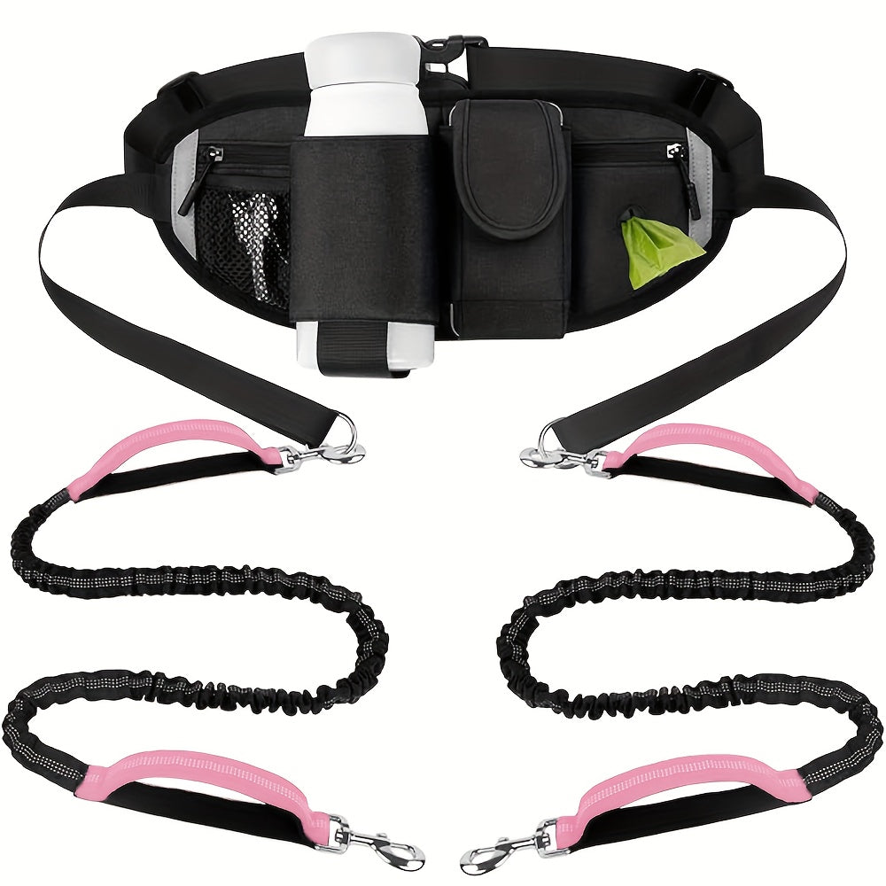 Reflective Dual Dog Leash with Retractable Waist Bag Design