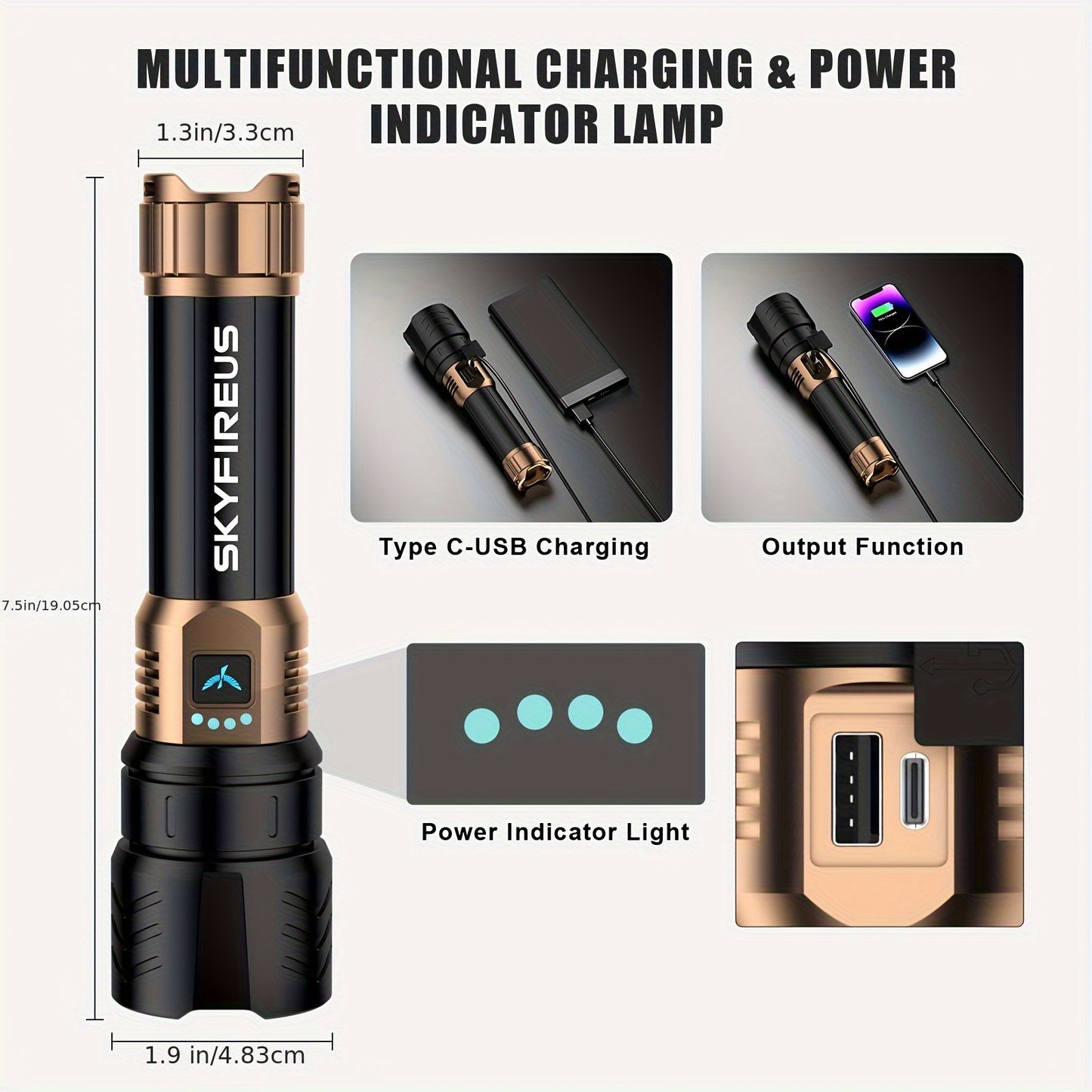 Skyfire Rechargeable LED Flashlight With Adjustable Focus And Modes