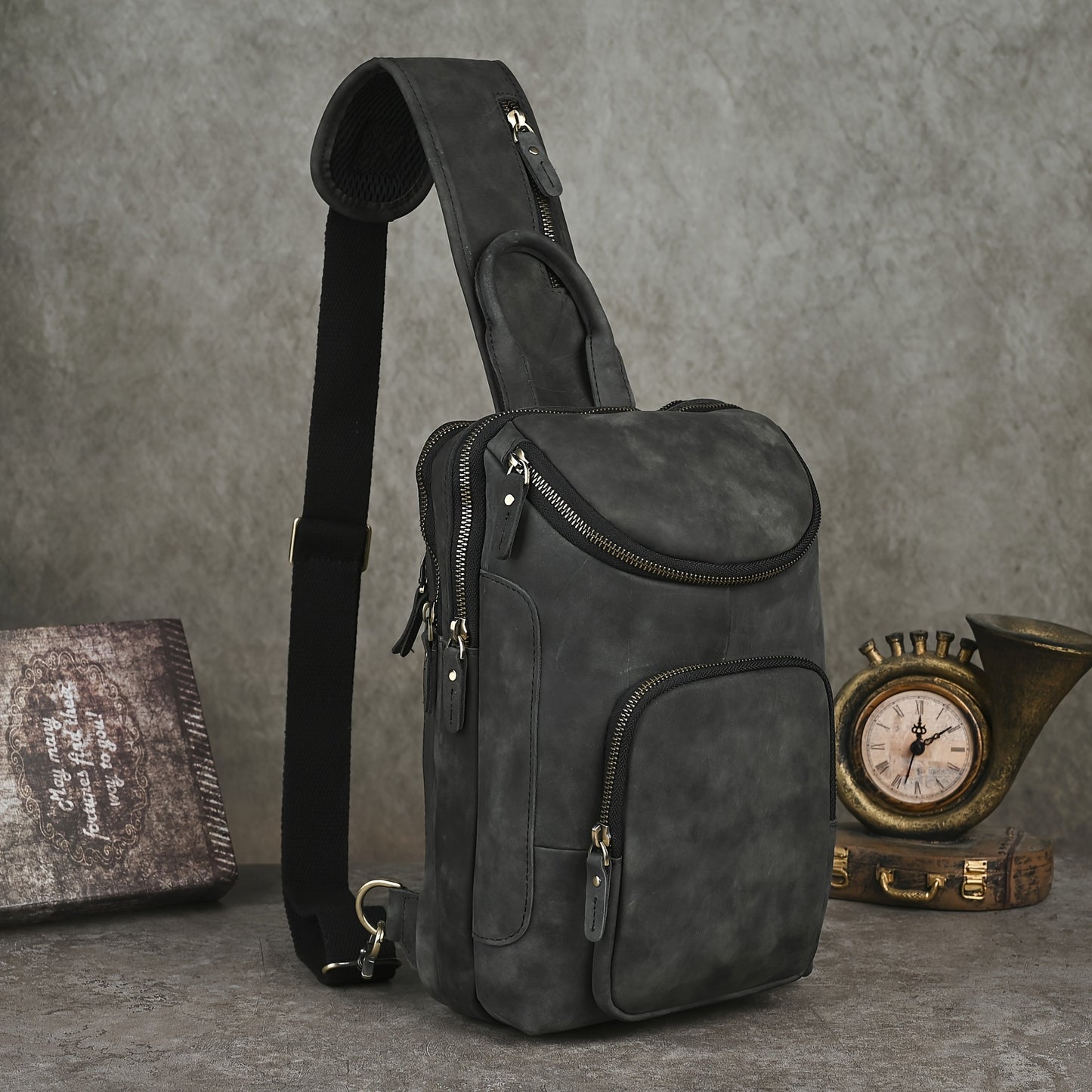 Brown Leather Chest Bag for Men with Adjustable Strap