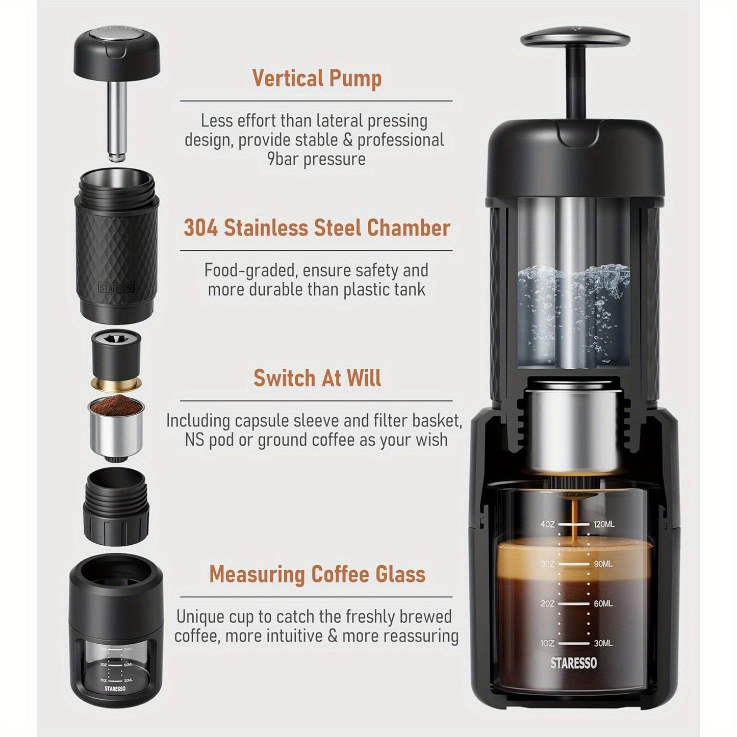 Portable Manual Espresso Maker for Ground Coffee Pods
