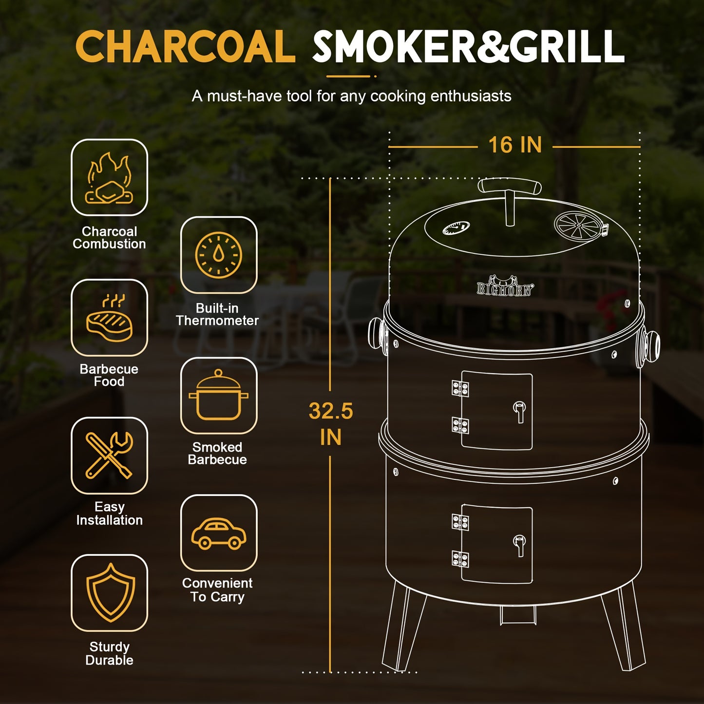 Portable Vertical Charcoal Smoker Grill With Thermometer