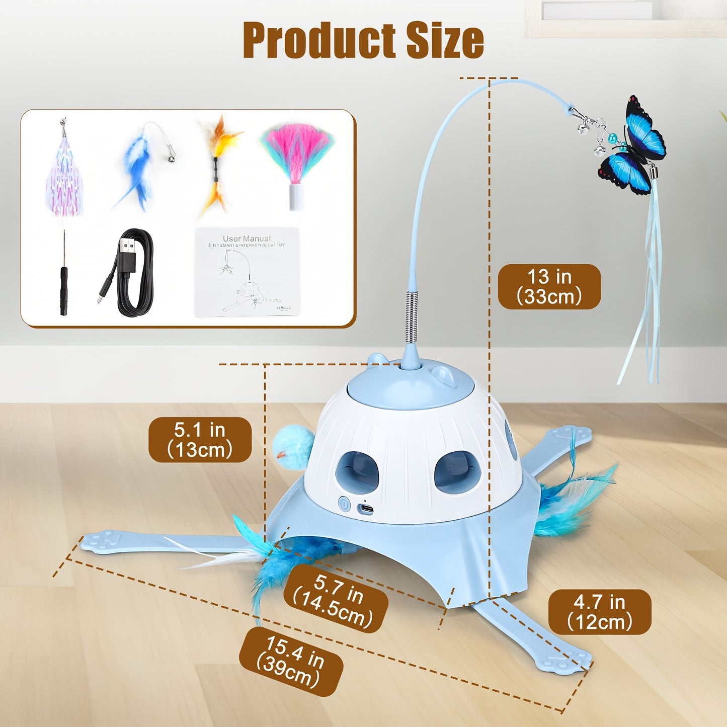 Indoor Interactive Cat Toy 3 In 1 Rotating Wand Feather