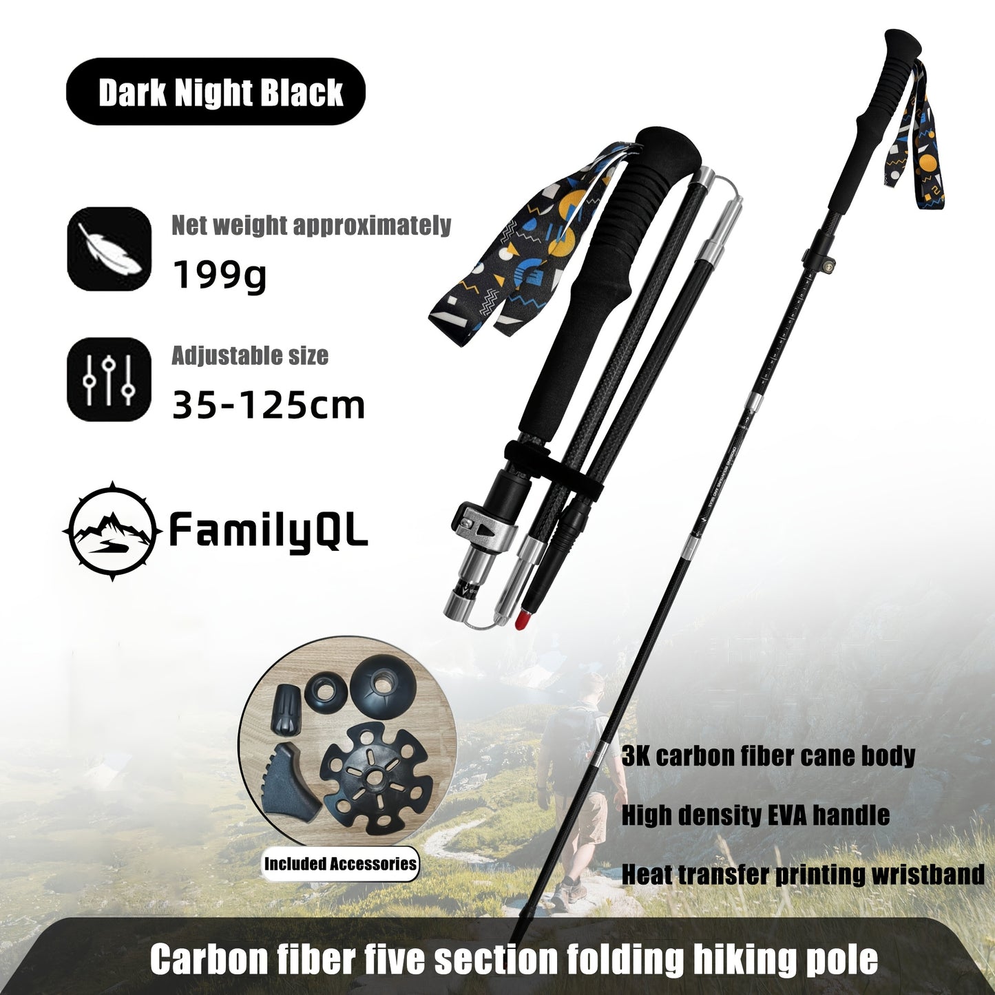 FamilyQL Carbon Fiber Folding Hiking Cane with Quick Lock