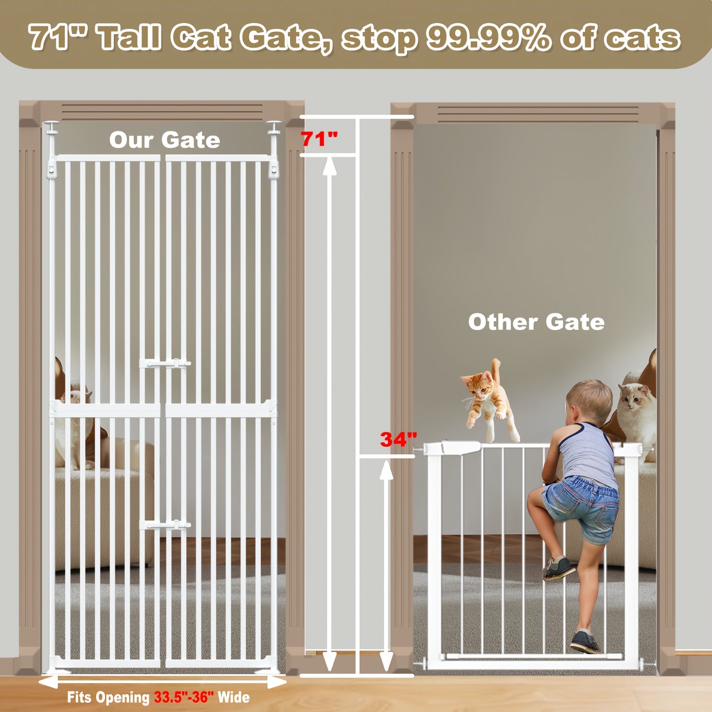 Extra Tall Cat Gate with Auto Close Double Pet Door