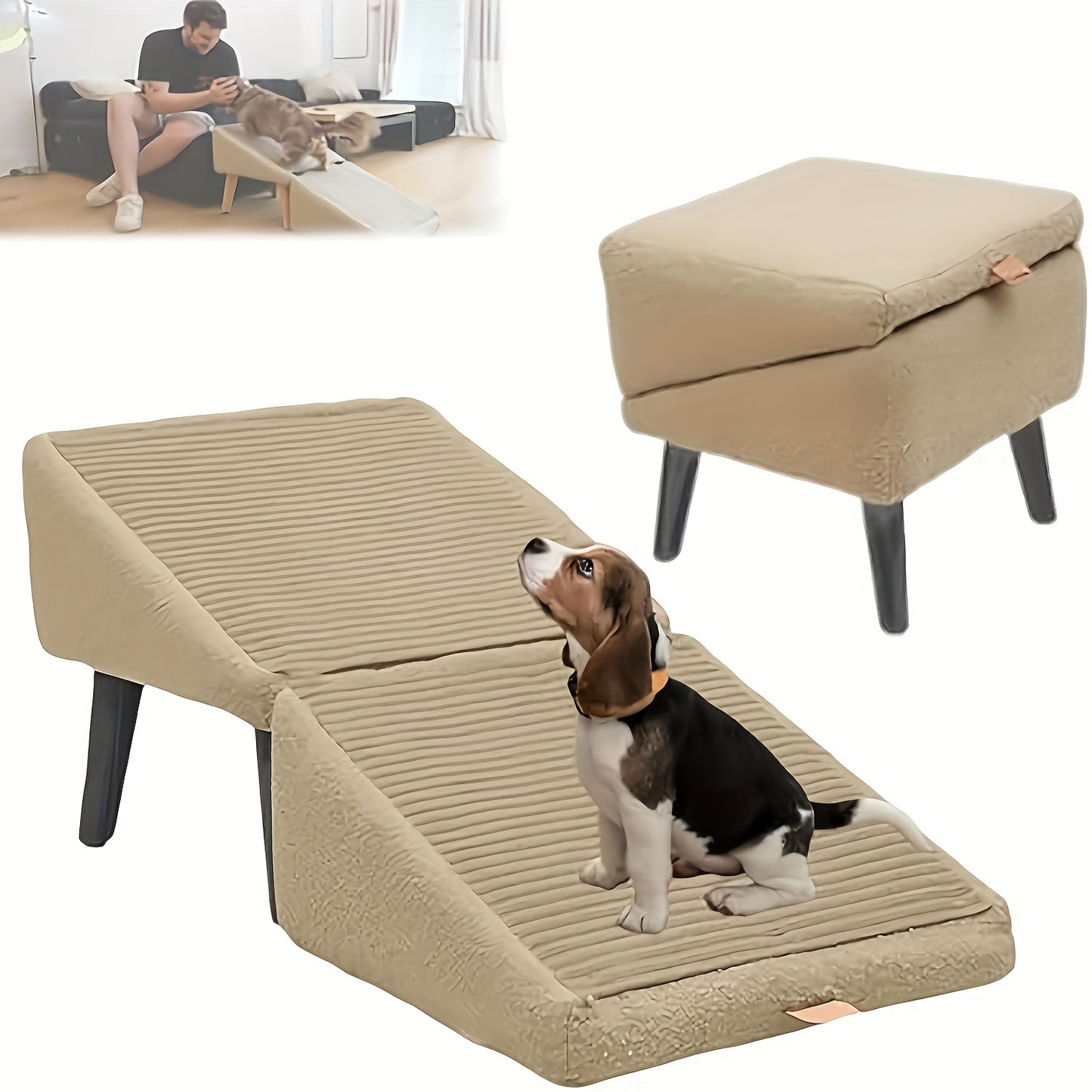 Foldable Pet Ramp And Stairs With Cushioned Surface