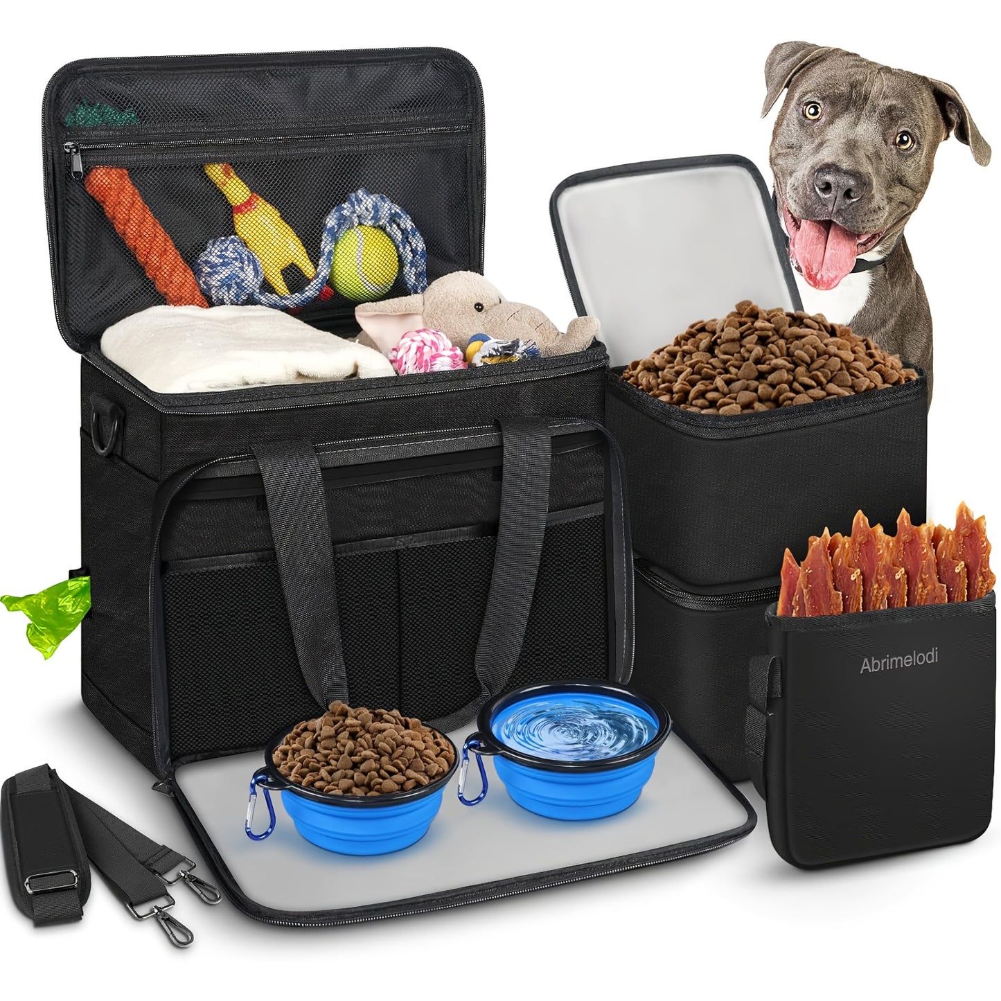 Six Piece Dog Travel Bag Set With Bowls And Containers