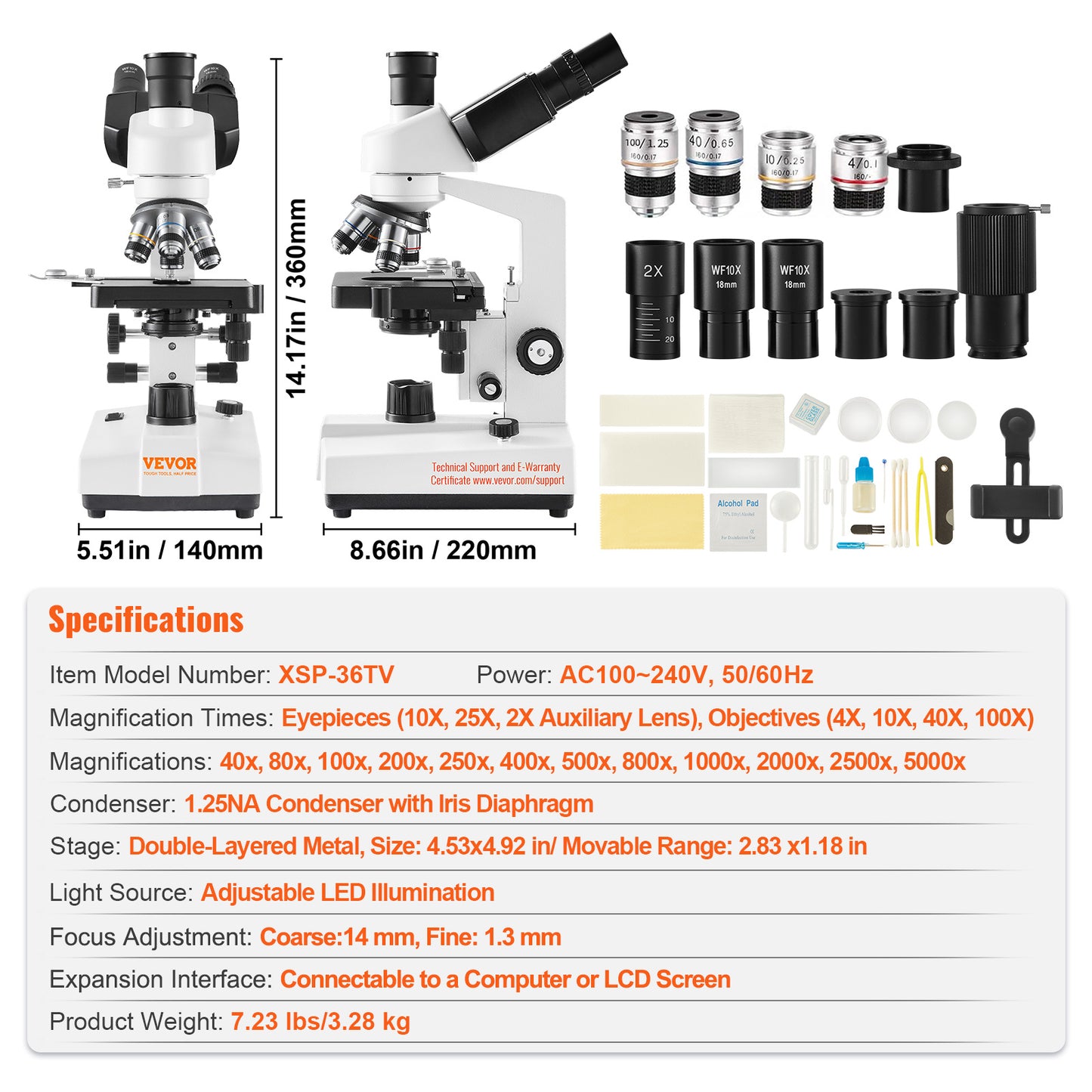 Trinocular Compound Microscope 40X 5000X LED Illumination