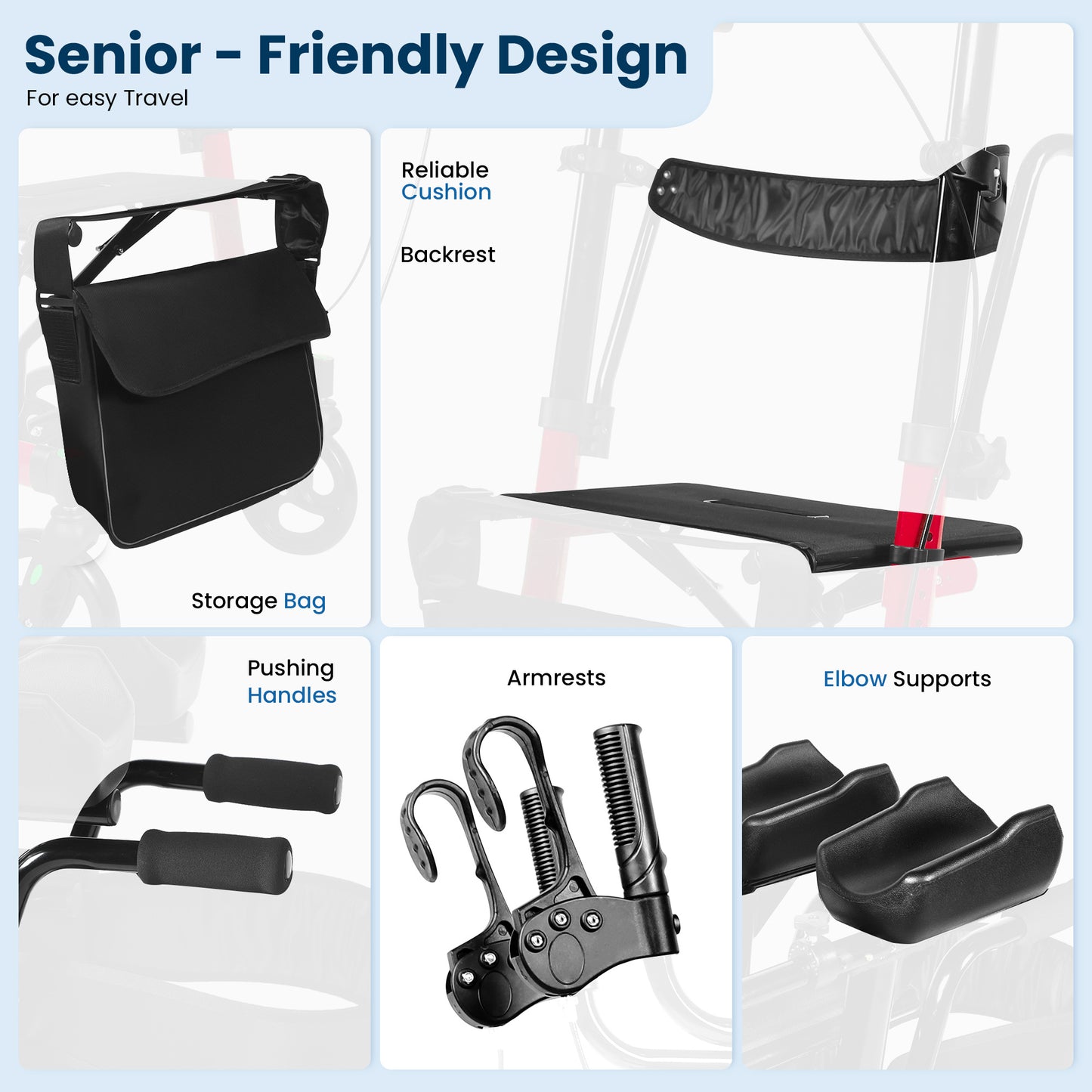 Foldable Rollator Walker Seat For Seniors Adjustable Handles