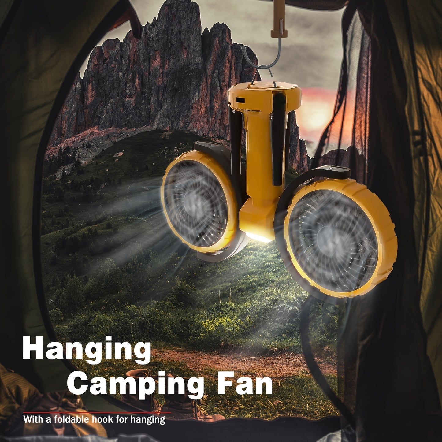 Dual-Head Rechargeable Camping Fan with LED Light and Tripod