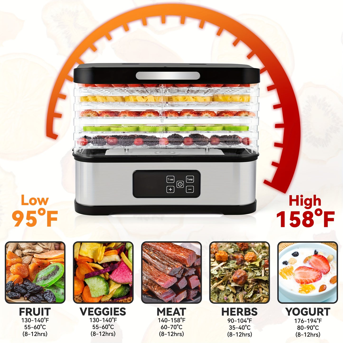 Food Dehydrator With Digital Timer Thermostat In Heavy Duty Stainless