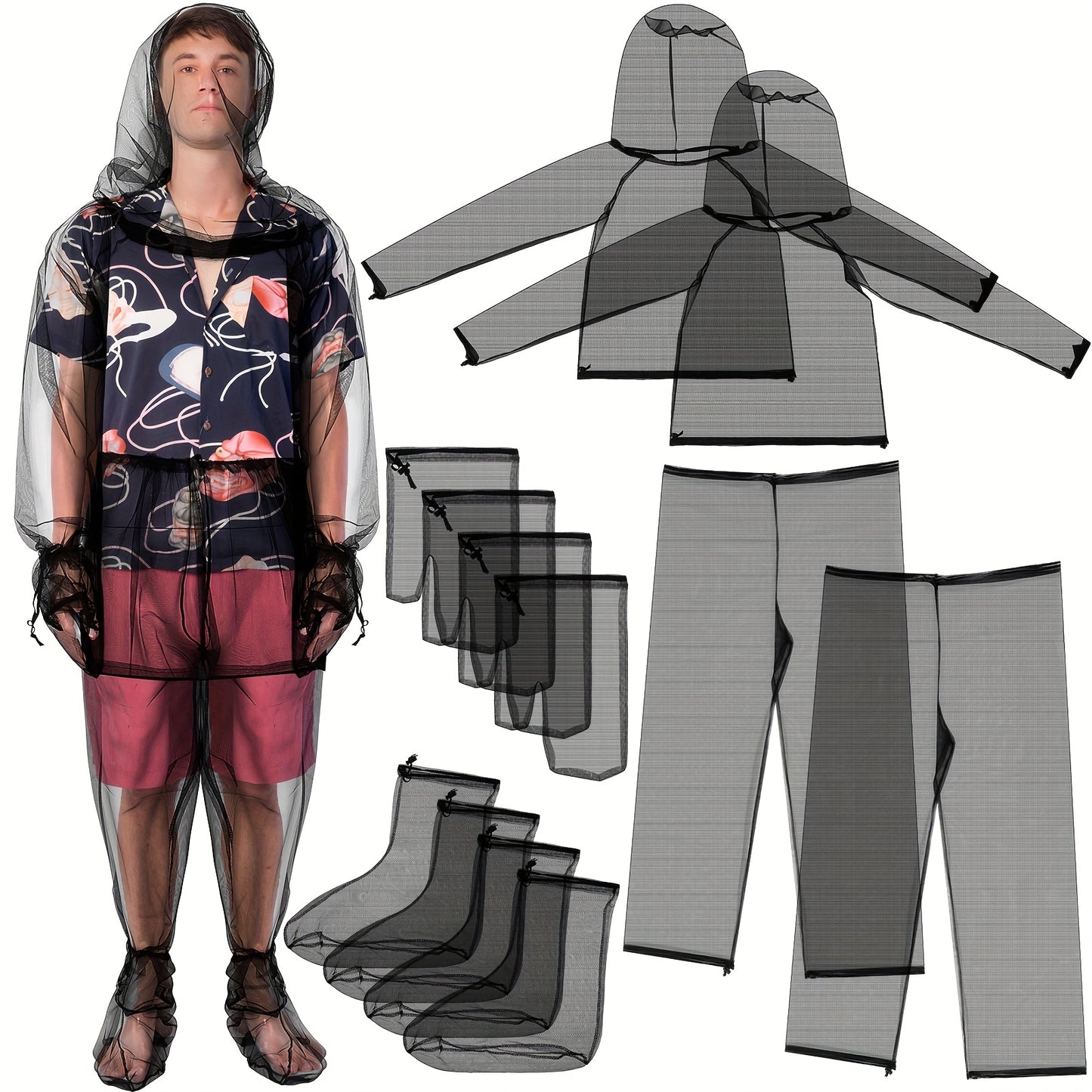 Men Mosquito Net Suit Set Jacket Pants Mittens Socks Floral Bird Design Outdoor