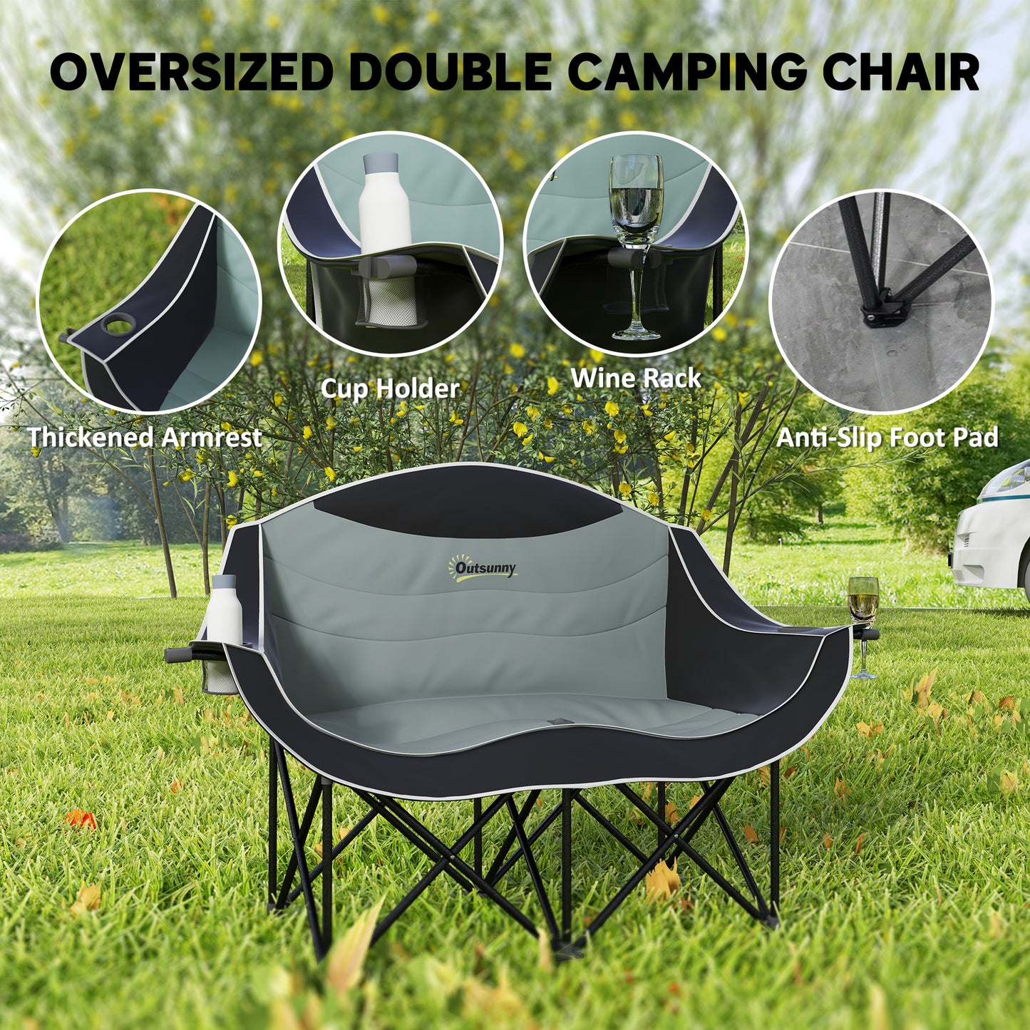 Double Padded Camping Chair for Two With Cup Holders