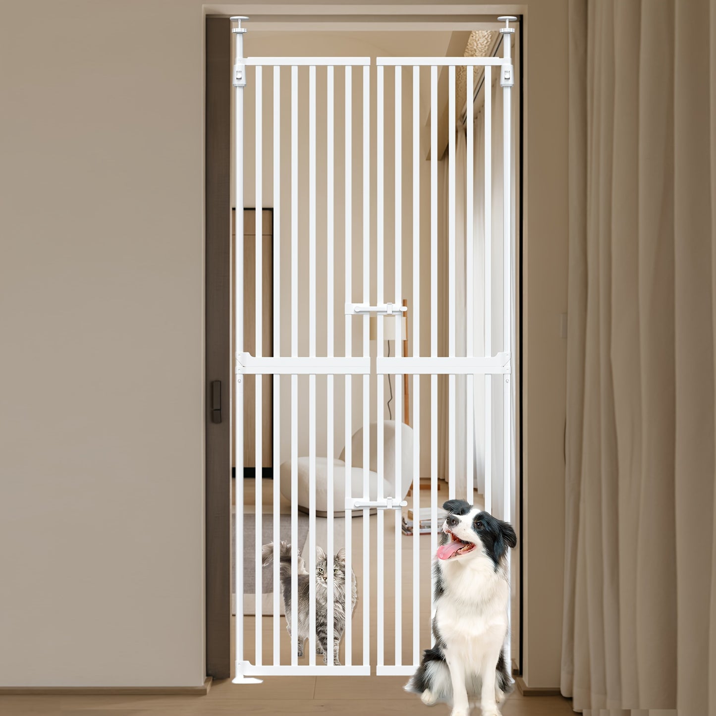 Extra Tall Cat Gate with Auto Close Double Pet Door