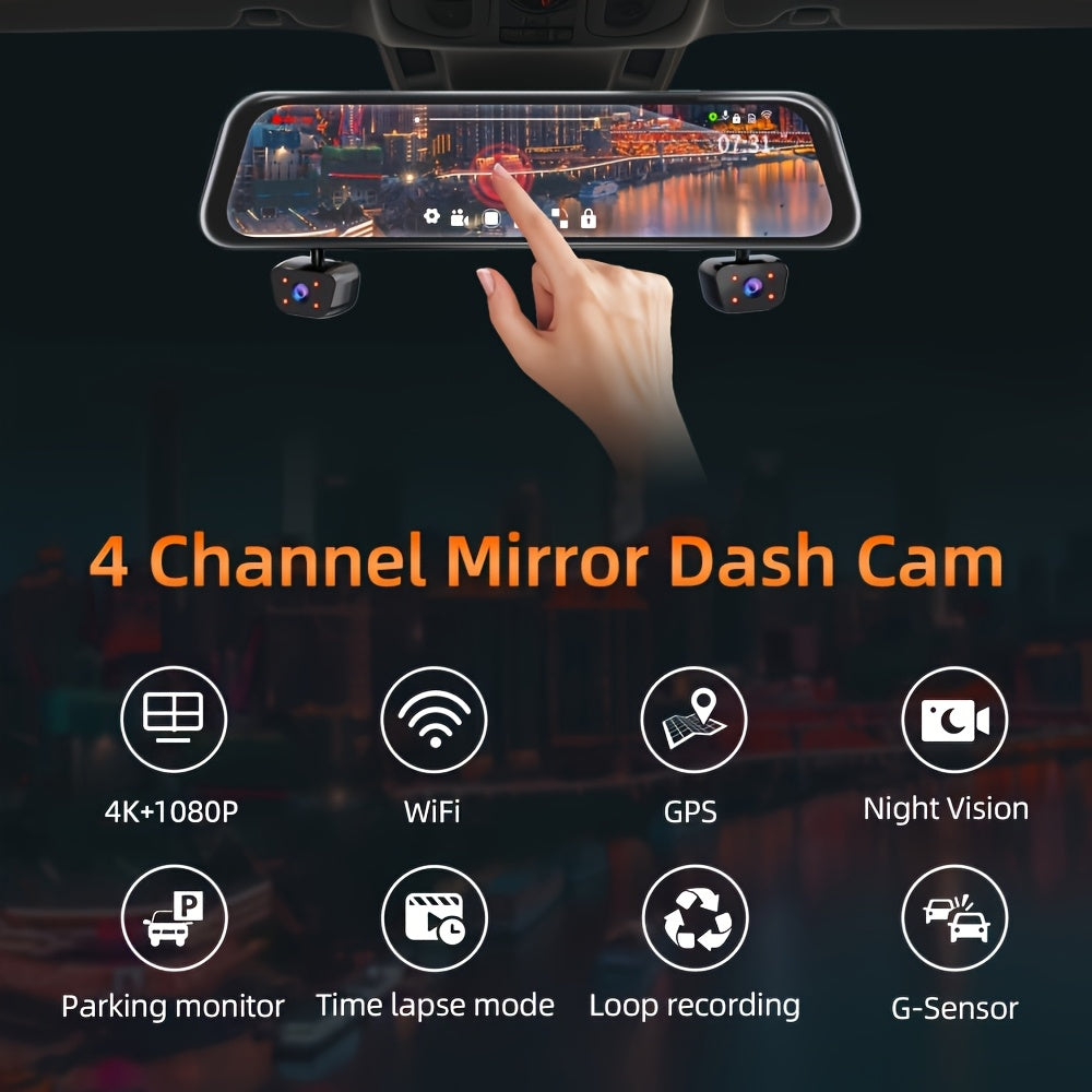 4K Dash Cam Car DVR Mirror Touch Screen Night Vision