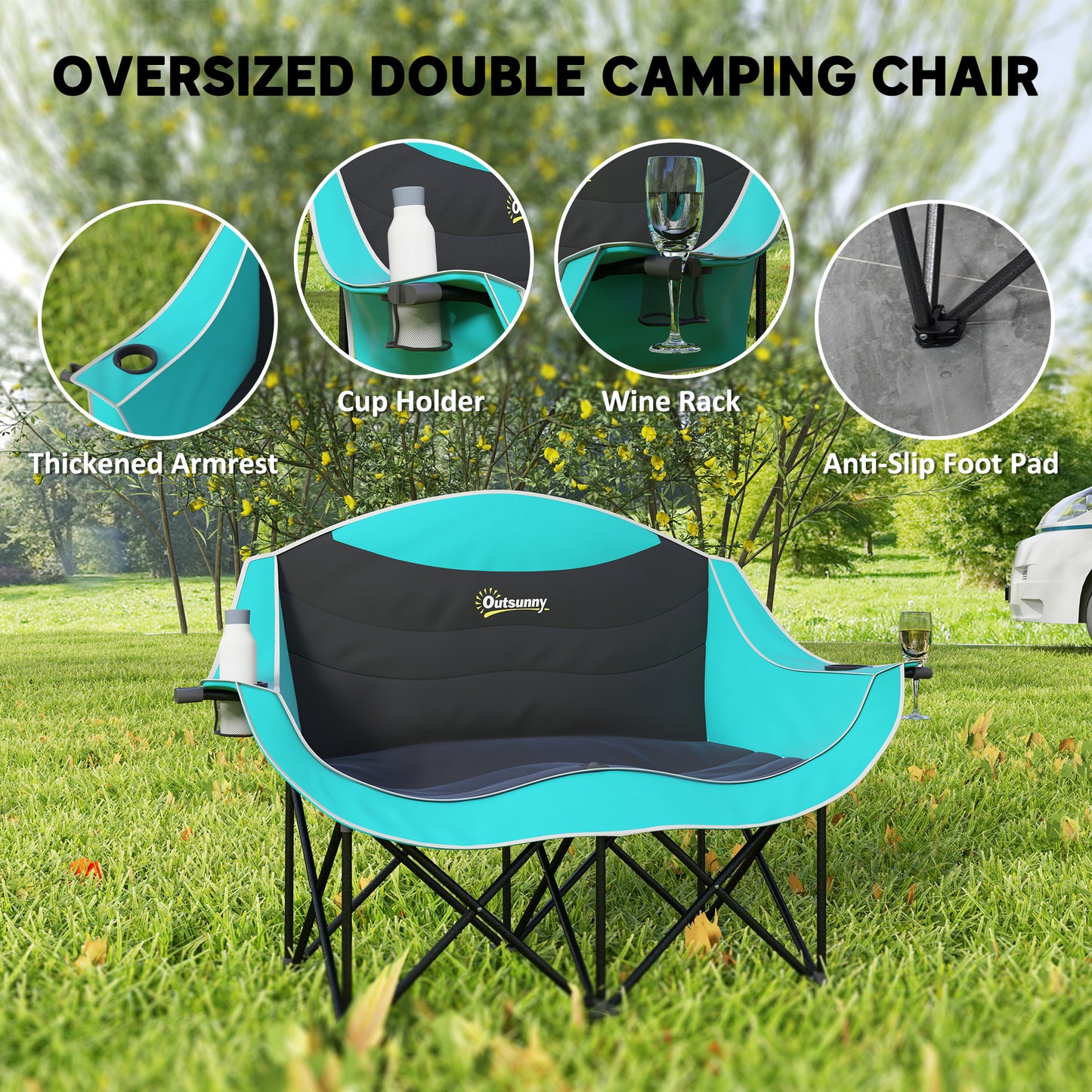 Double Padded Camping Chair for Two With Cup Holders