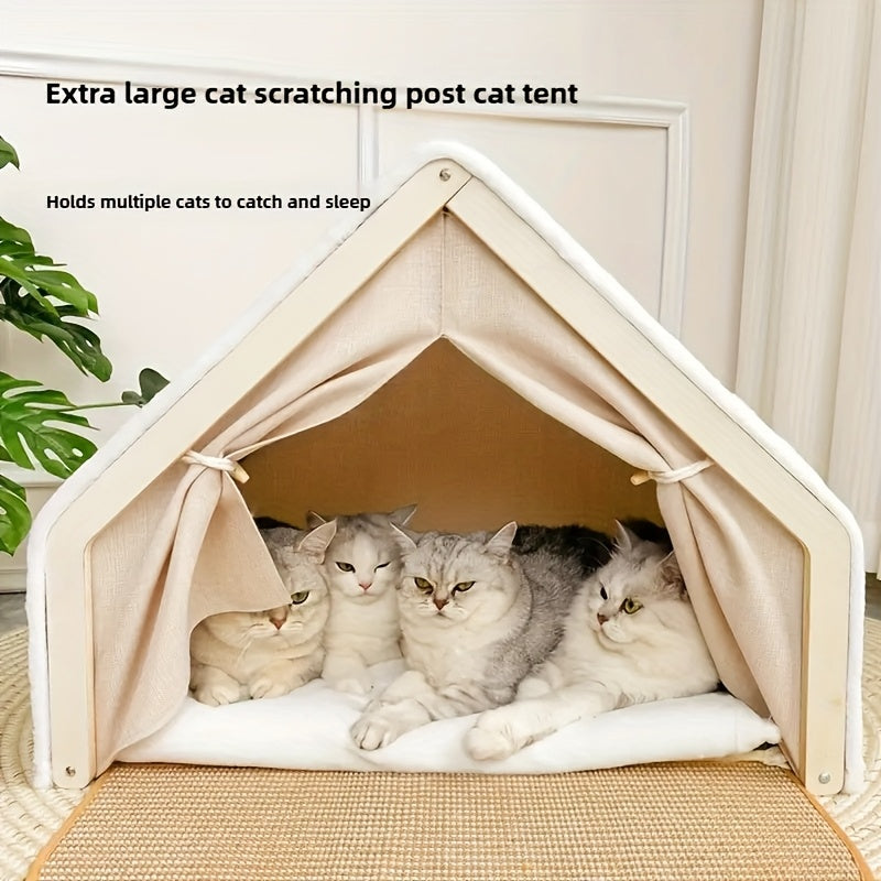 Semi-Enclosed Cat House With Scratching Pad For Cozy Comfort