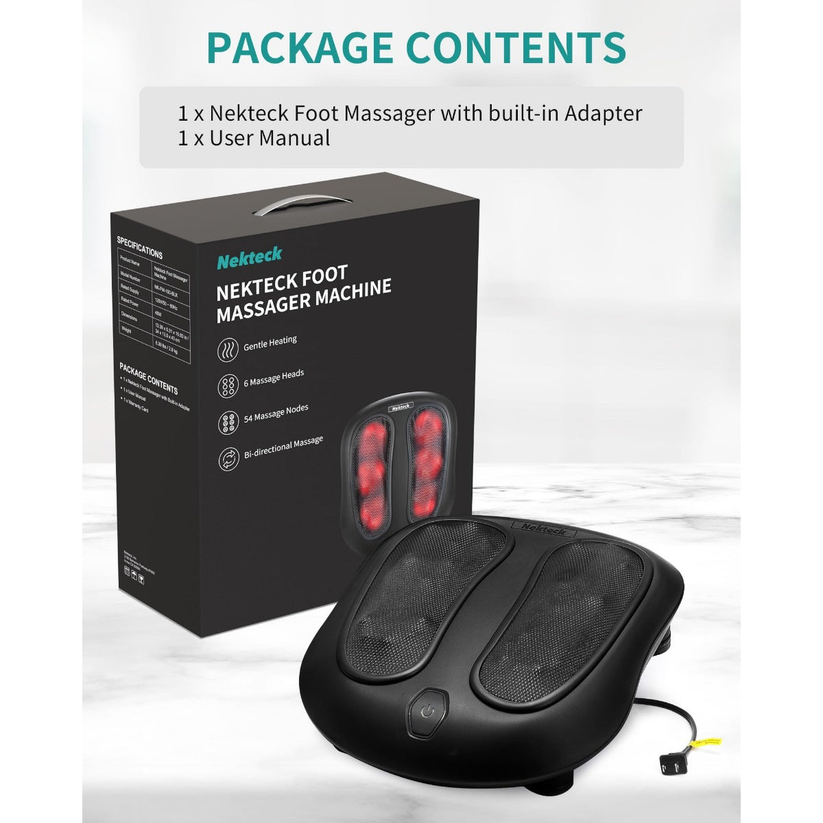 Nekteck Foot Massager with Heat, Shiatsu Heated Kneading Foot Massager Machine, Gift for Her & Him, Built-in Heat Function and Power Cord (Black)