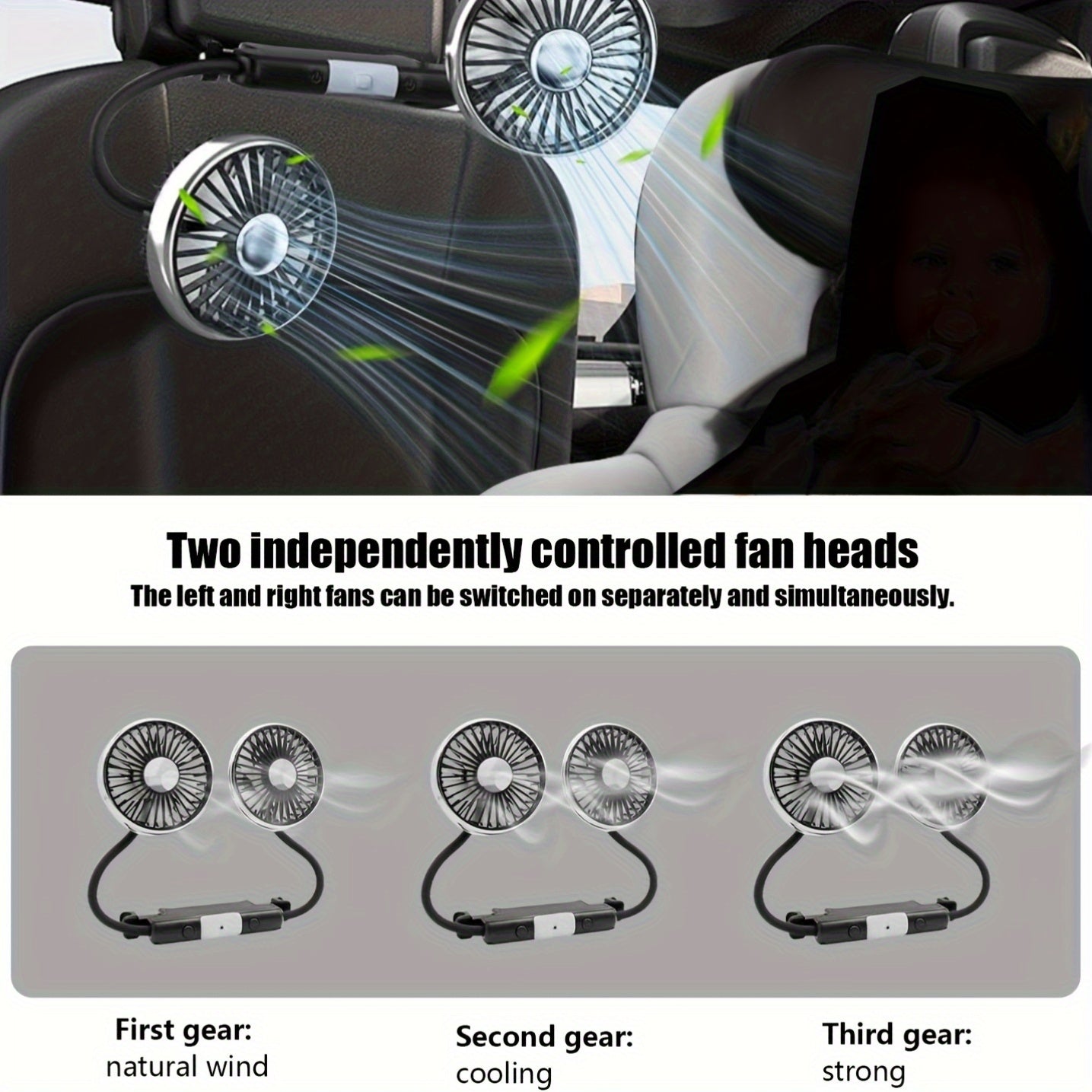 Dual Head Car USB Fan 3 Speed Rotatable Flexible Gooseneck