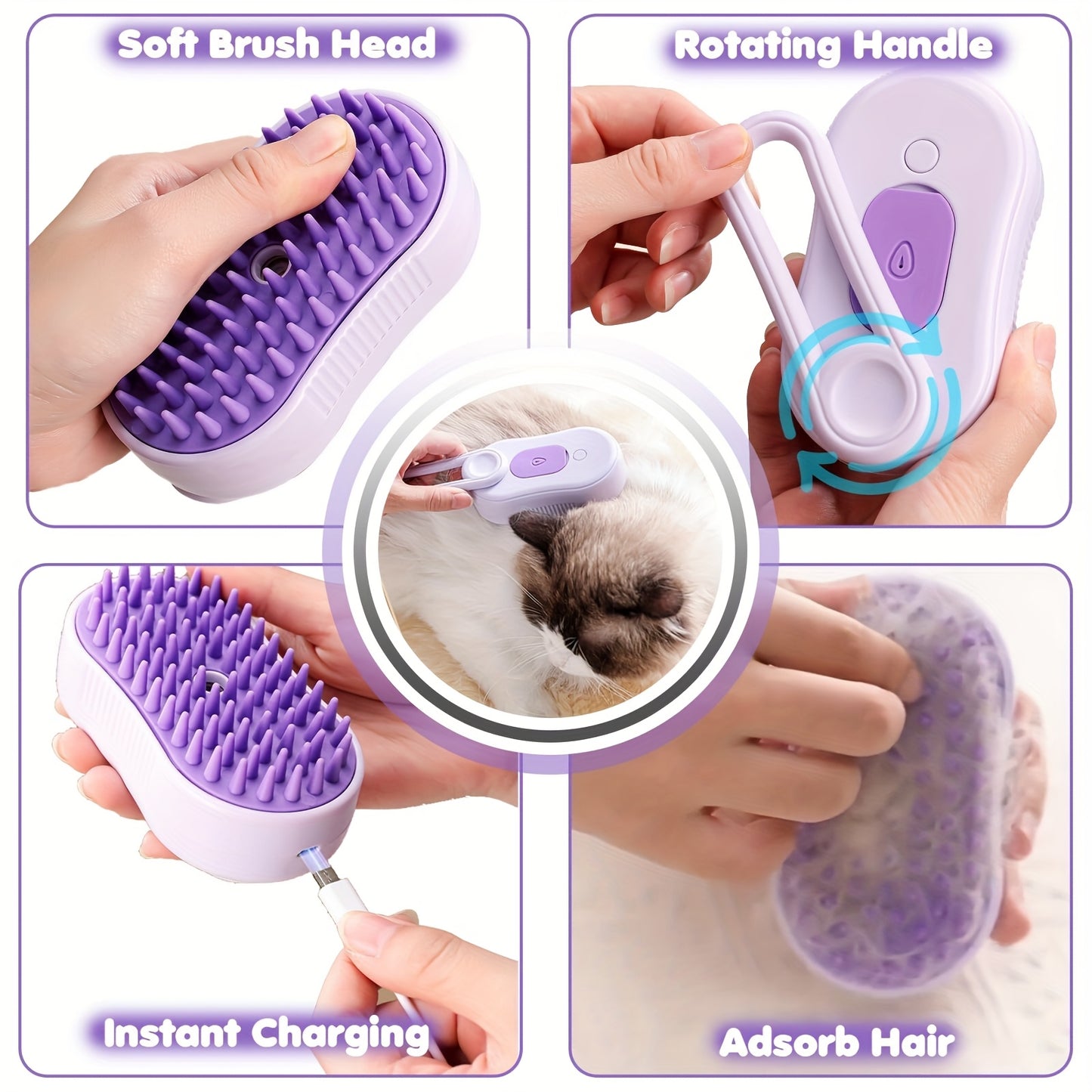 3In1 Pet Steam Brush With USB Charging Rotating Cat Dog