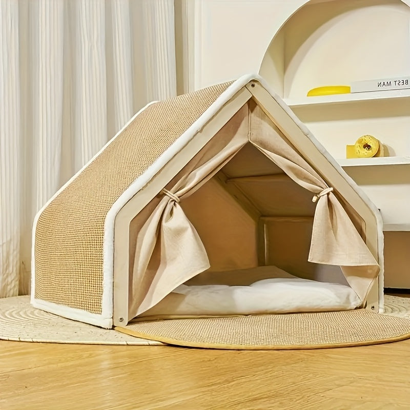 Semi-Enclosed Cat House With Scratching Pad For Cozy Comfort