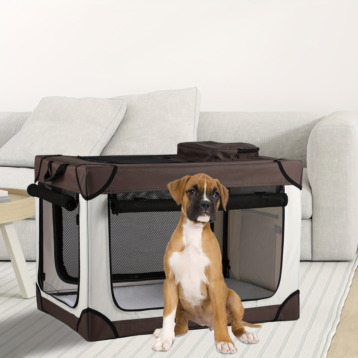 Four Door Folding Collapsible Dog Crate With Mesh Kennel