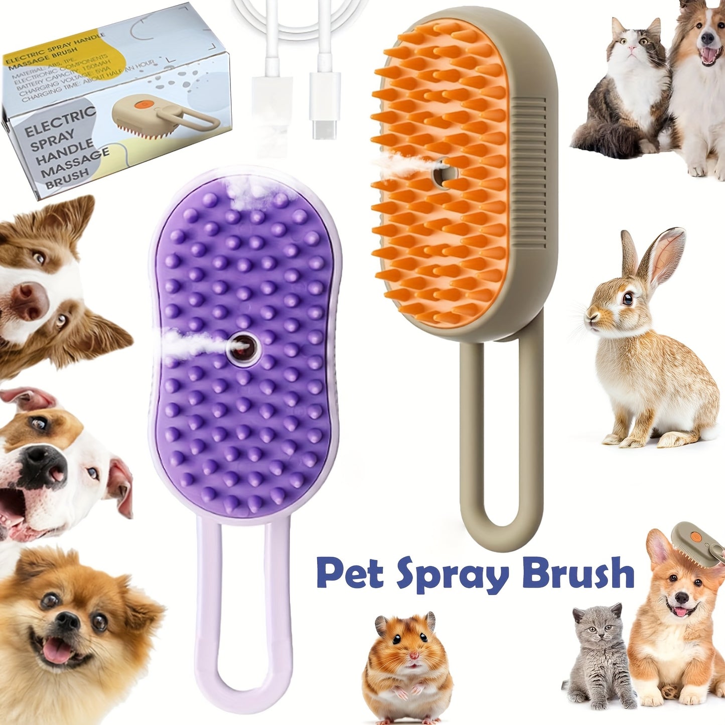 3In1 Pet Steam Brush With USB Charging Rotating Cat Dog